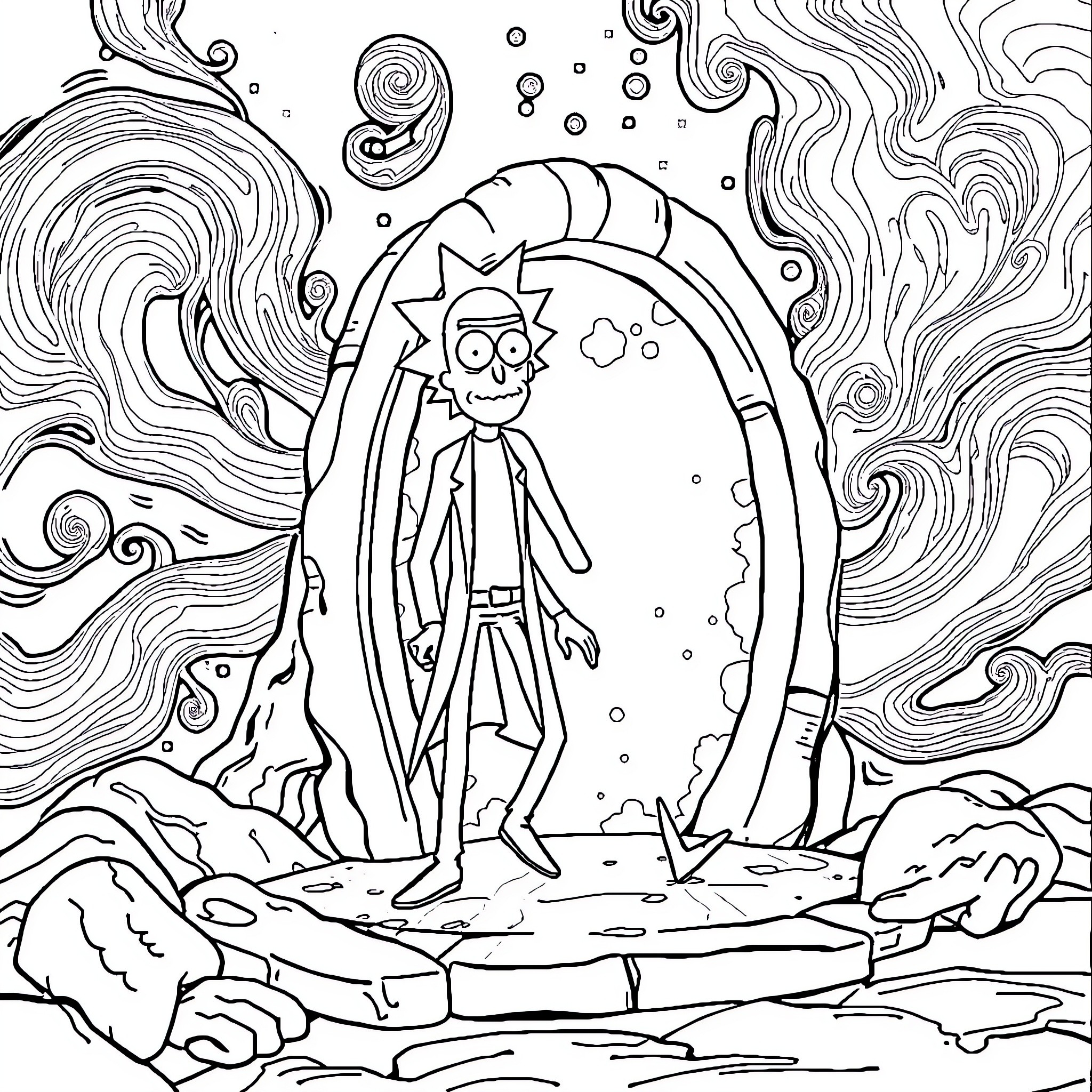 Rick And Morty in Surreal Psychedelic Adventure Coloring Page (free black-and-white line drawing printable PDF for all, from beginners to advanced learners, including children, teens, adults, and seniors)