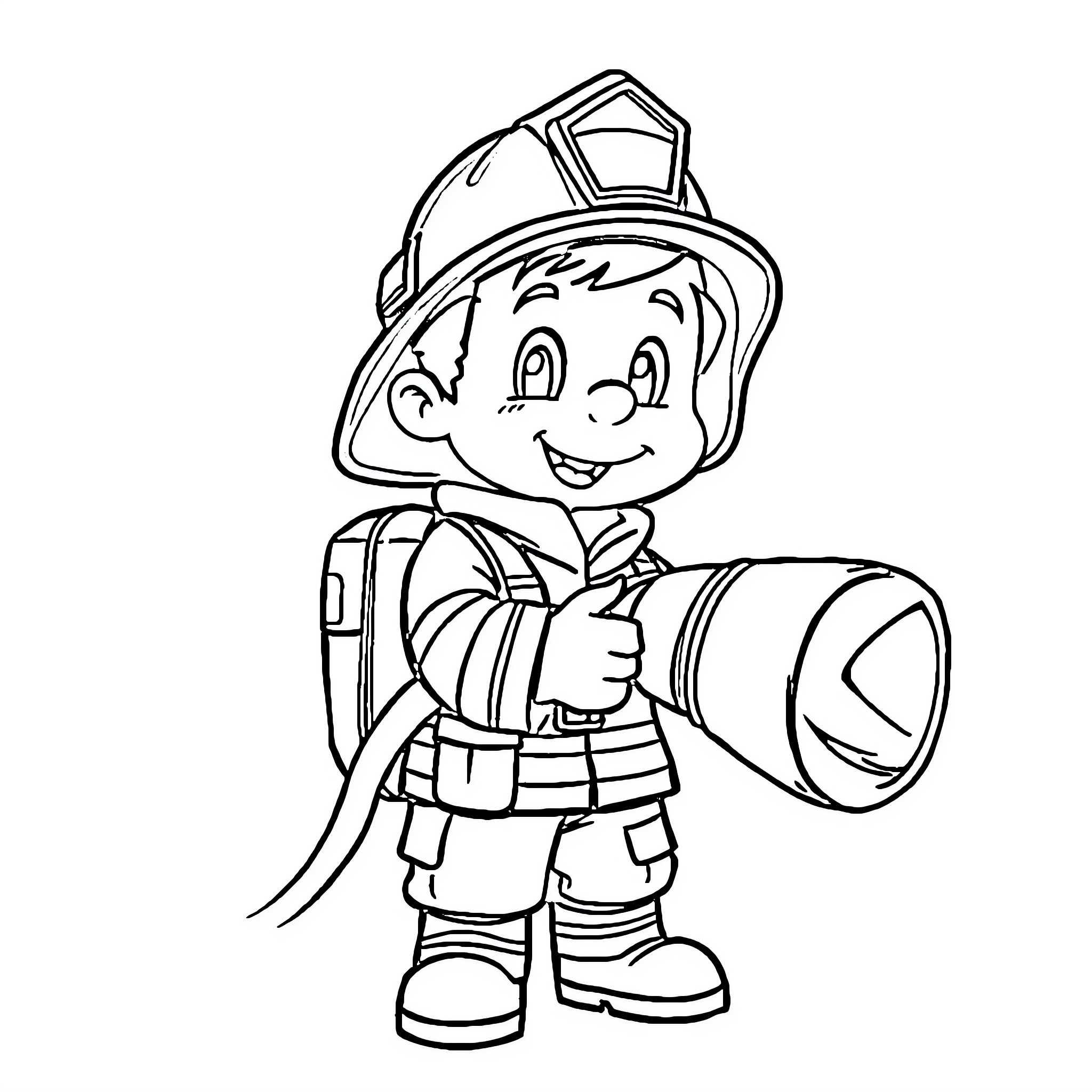 Firefighter cheerfully inspecting equipment Coloring Page (free black-and-white line drawing printable PDF for all, from beginners to advanced learners, including children, teens, adults, and seniors)