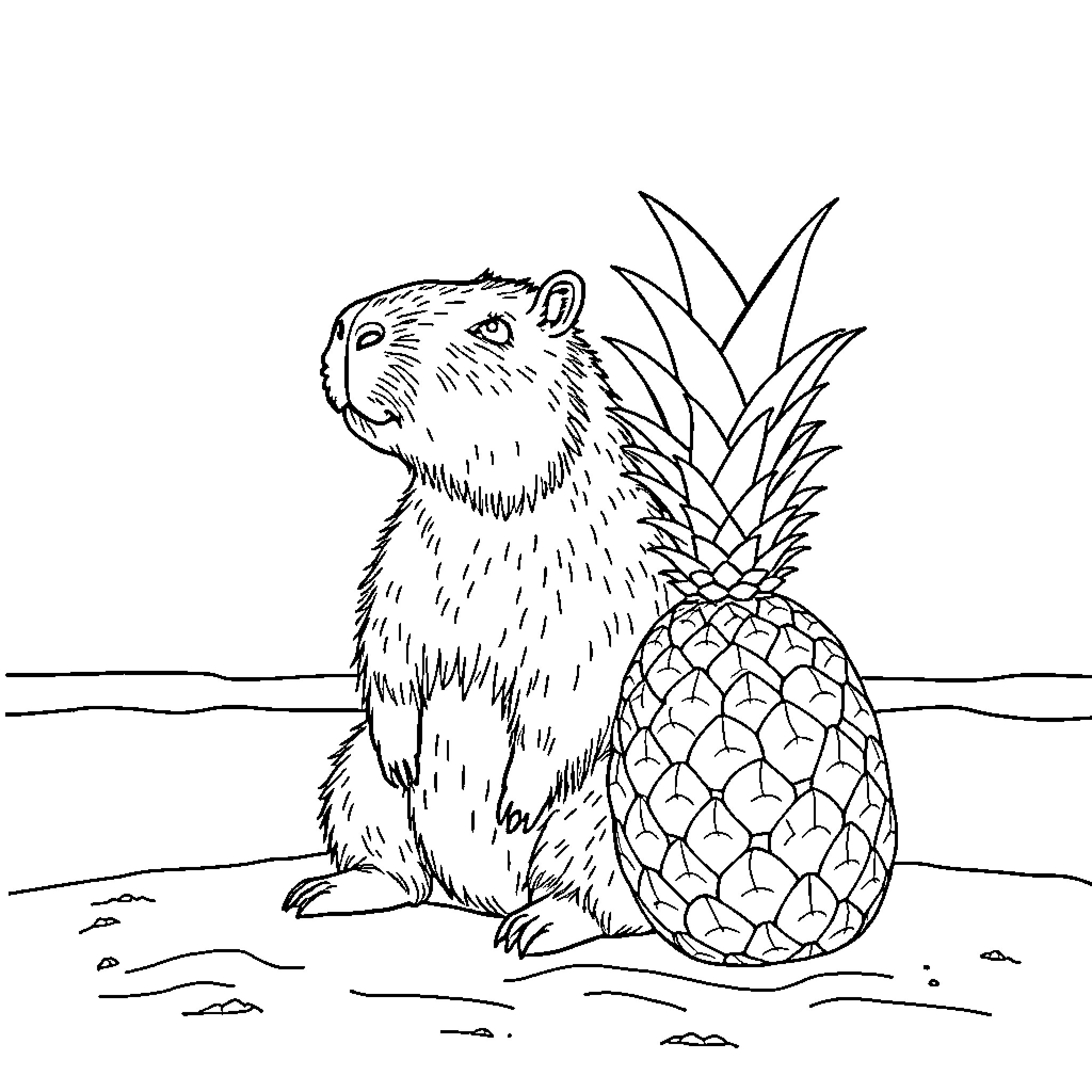 Capybara sitting next to a pineapple Coloring Page (free black-and-white line drawing printable PDF for all, from beginners to advanced learners, including children, teens, adults, and seniors)