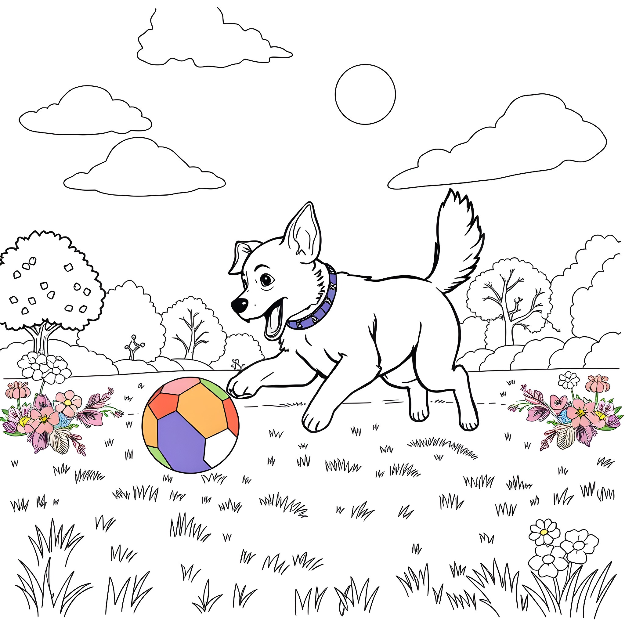 Dog playing with colorful ball in a scenic park Coloring Page (free black-and-white line drawing printable PDF for all, from beginners to advanced learners, including children, teens, adults, and seniors)