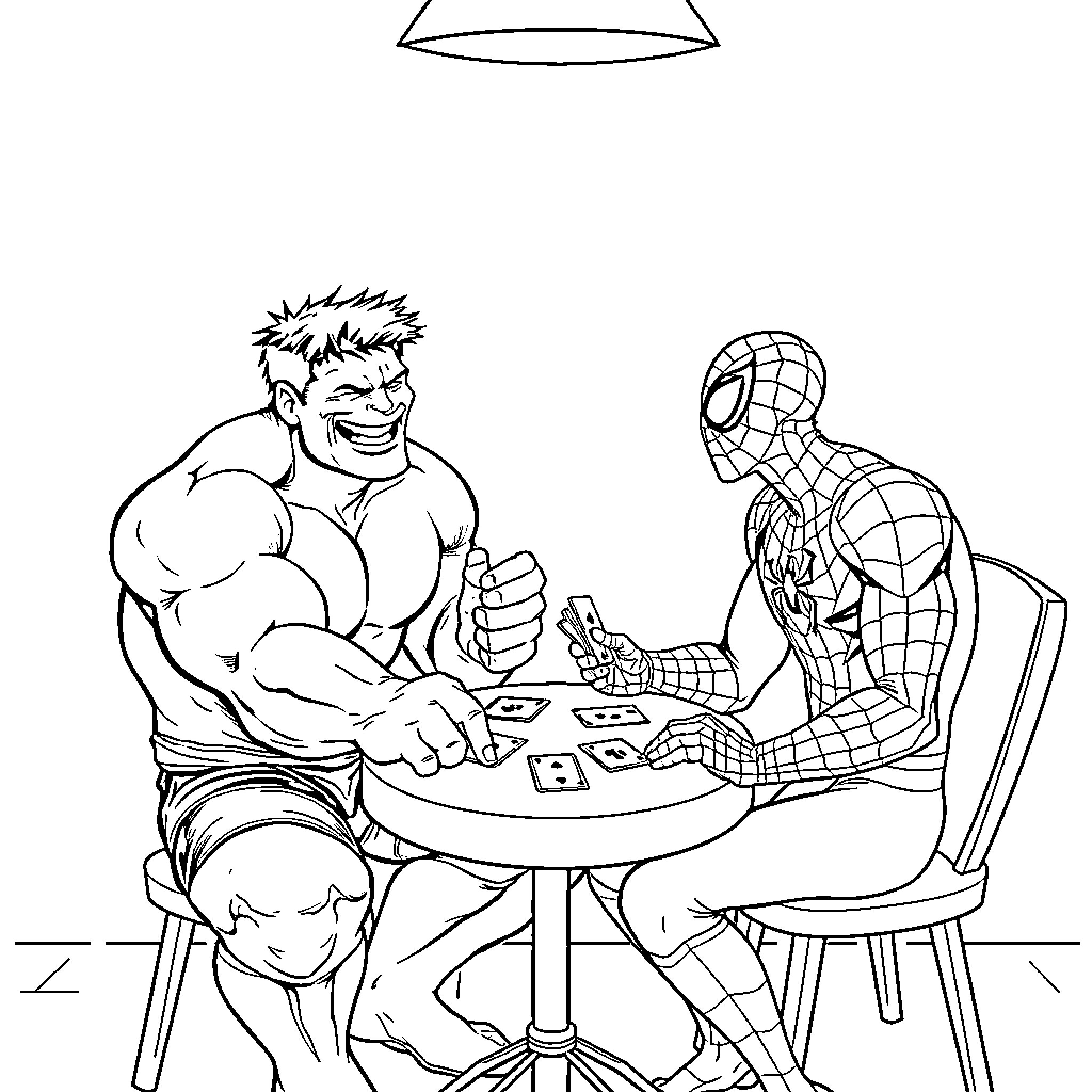 Hulk and Spider-Man playing card game Coloring Page (free black-and-white line drawing printable PDF for all, from beginners to advanced learners, including children, teens, adults, and seniors)