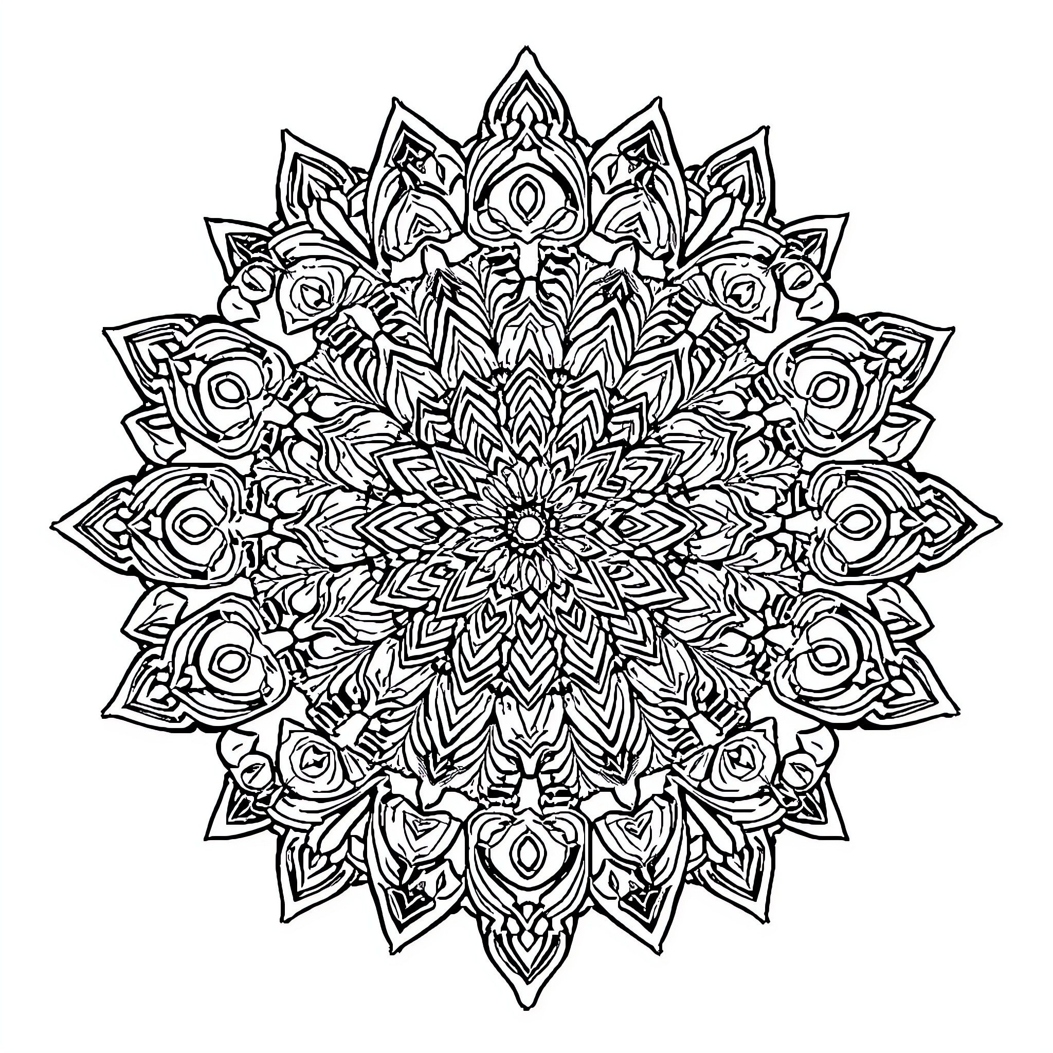Mandala of intricate floral and geometric patterns Coloring Page (free black-and-white line drawing printable PDF for all, from beginners to advanced learners, including children, teens, adults, and seniors)