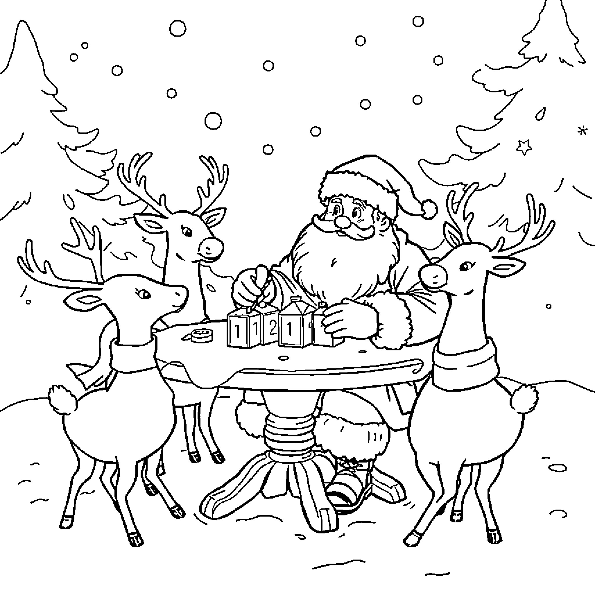 Santa and Reindeer Gather Around a Gift Table Coloring Page (free black-and-white line drawing printable PDF for all, from beginners to advanced learners, including children, teens, adults, and seniors)