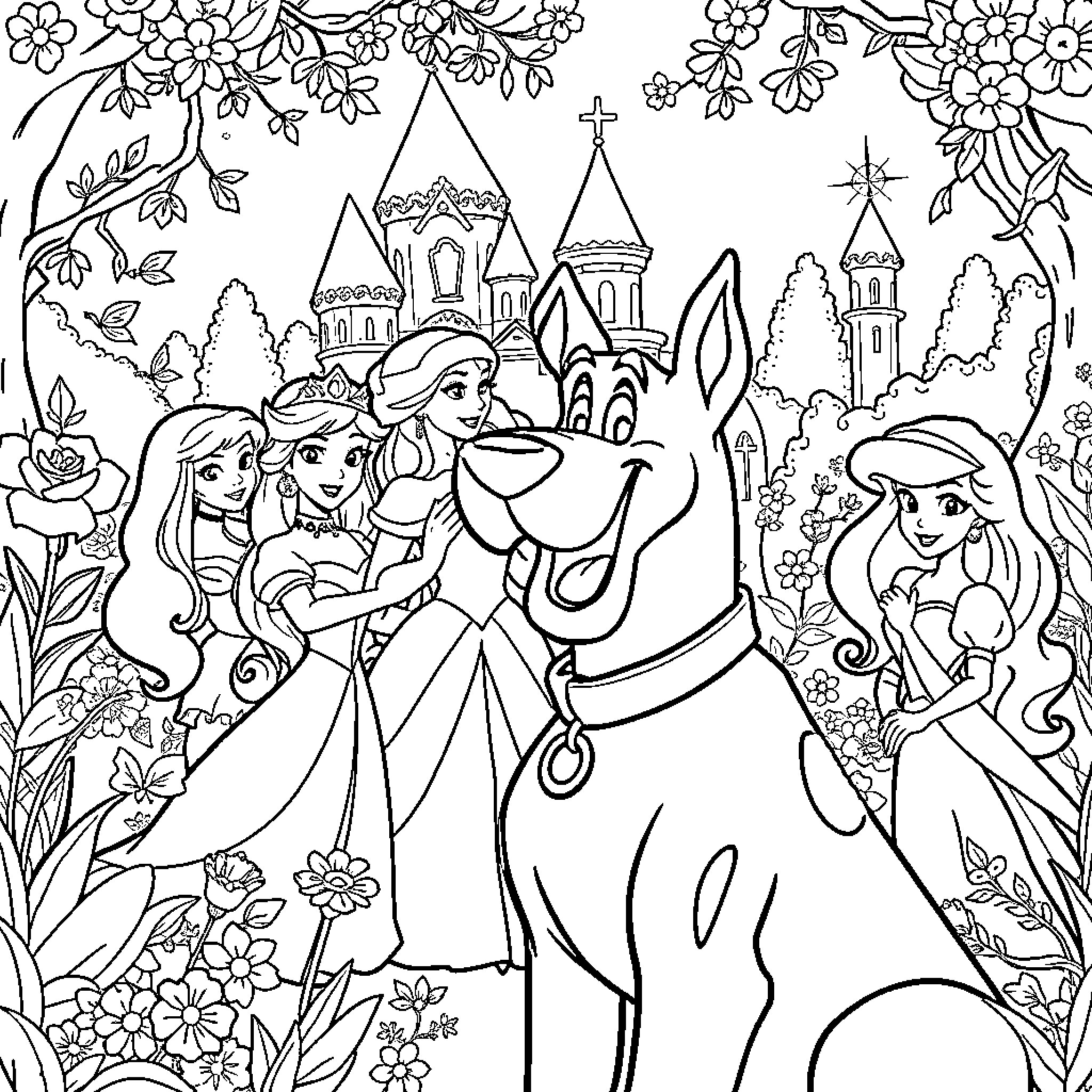 Scooby Doo and friends explore a magical castle garden Coloring Page (free black-and-white line drawing printable PDF for all, from beginners to advanced learners, including children, teens, adults, and seniors)