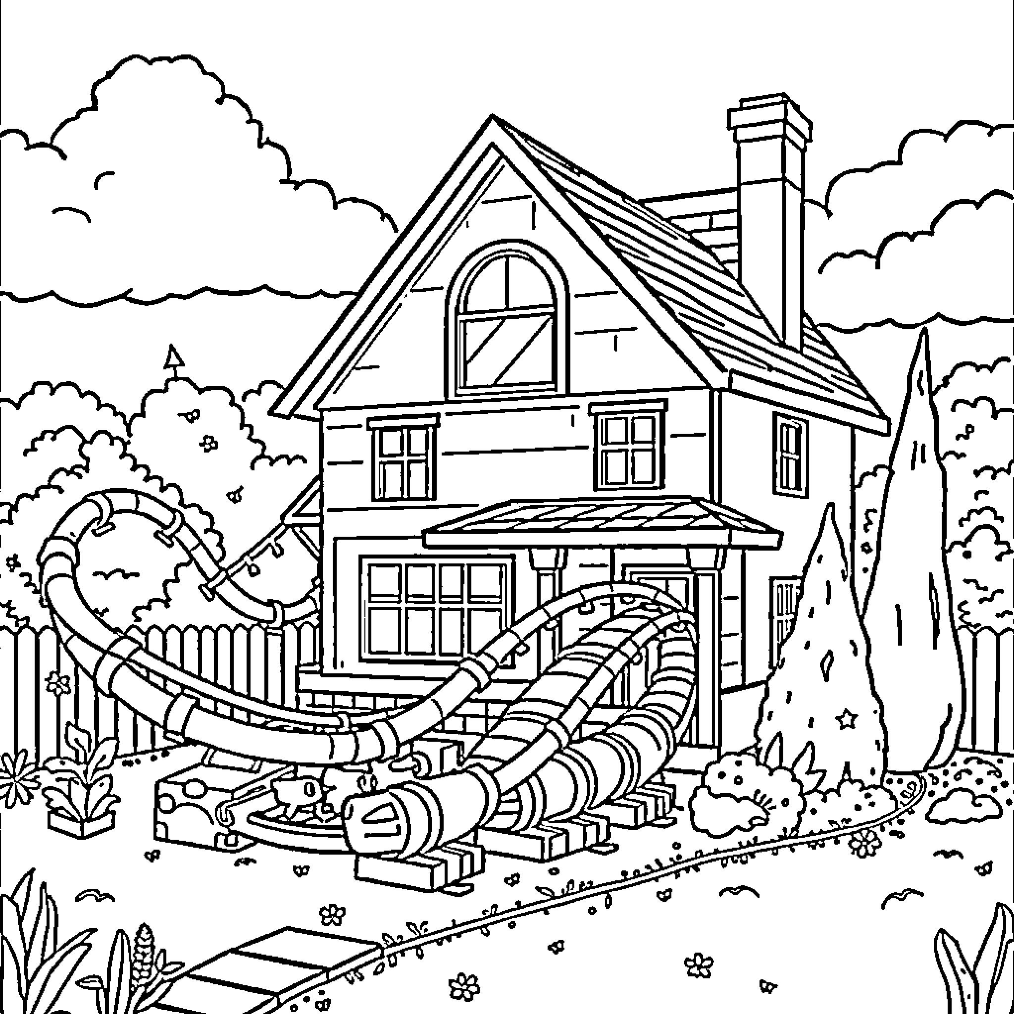 House with rollercoaster in scenic landscape Coloring Page (free black-and-white line drawing printable PDF for all, from beginners to advanced learners, including children, teens, adults, and seniors)