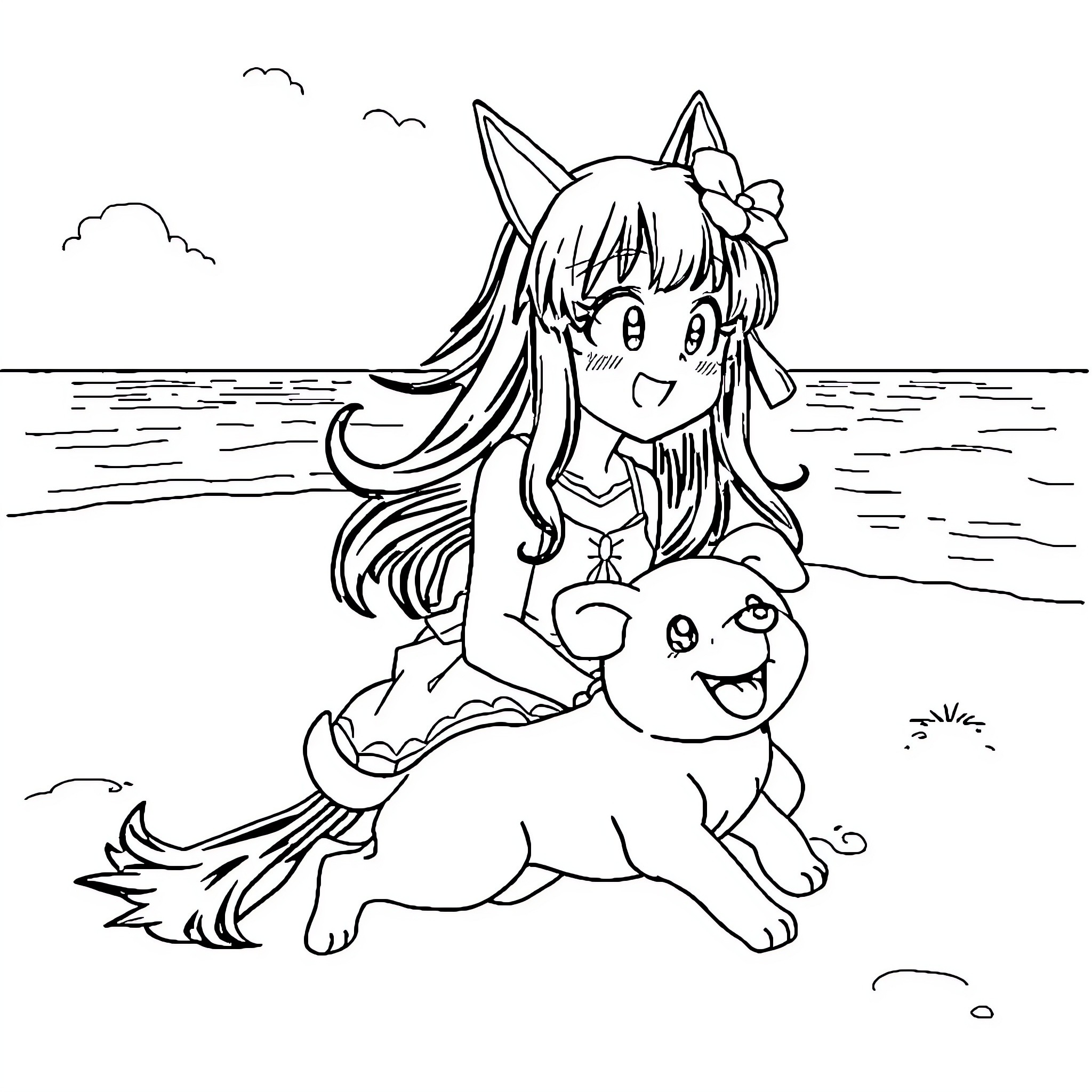 Kuromi playing happily with her pet on the beach Coloring Page (free black-and-white line drawing printable PDF for all, from beginners to advanced learners, including children, teens, adults, and seniors)