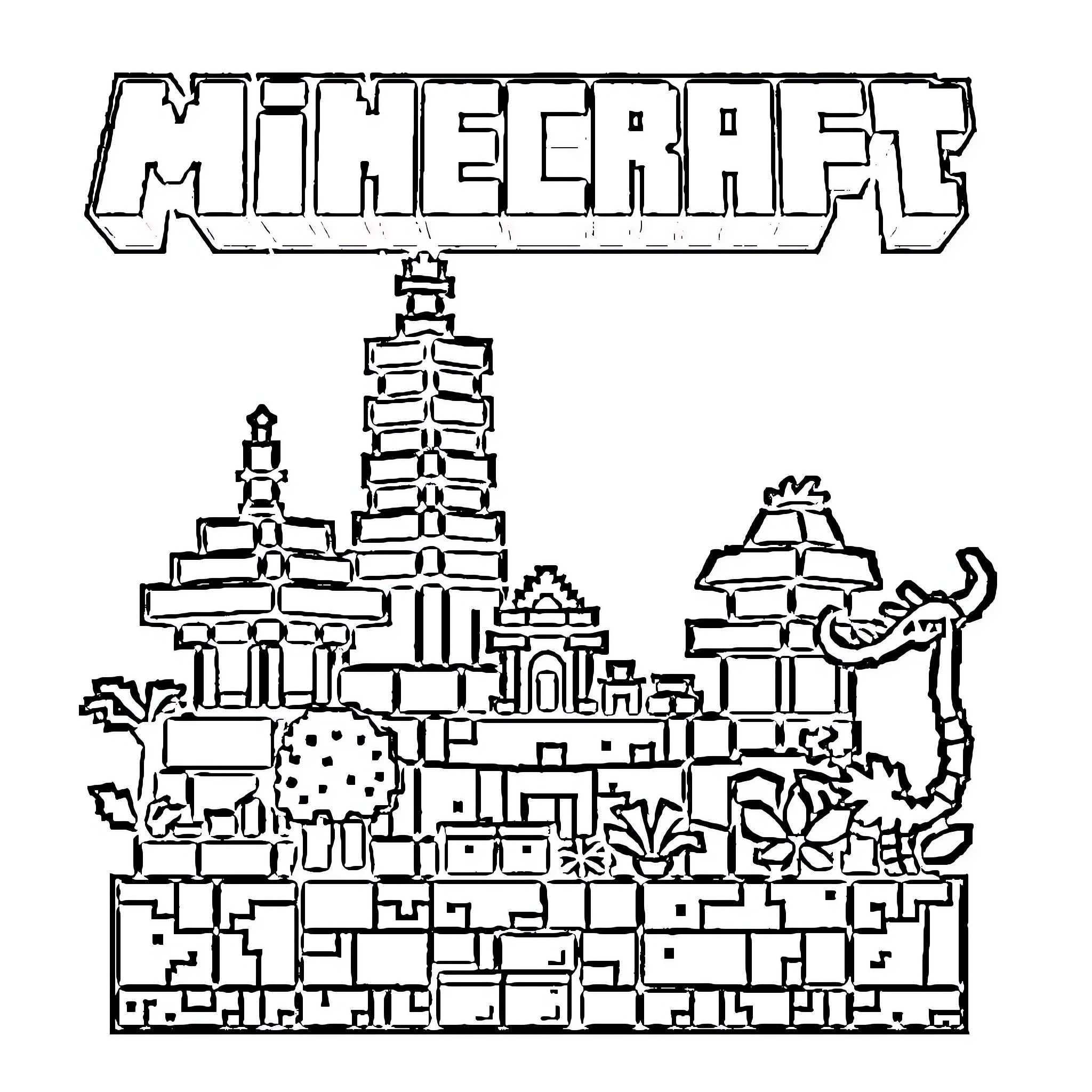 Animal Minecraft Landscape with Structures Coloring Page (free black-and-white line drawing printable PDF for all, from beginners to advanced learners, including children, teens, adults, and seniors)