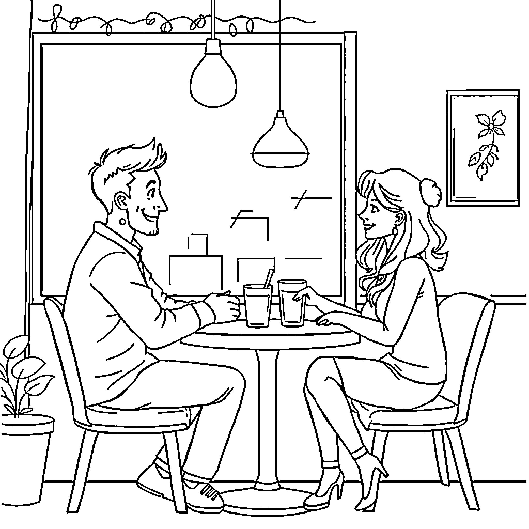 Cat couple enjoying a cozy meal together Coloring Page (free black-and-white line drawing printable PDF for all, from beginners to advanced learners, including children, teens, adults, and seniors)