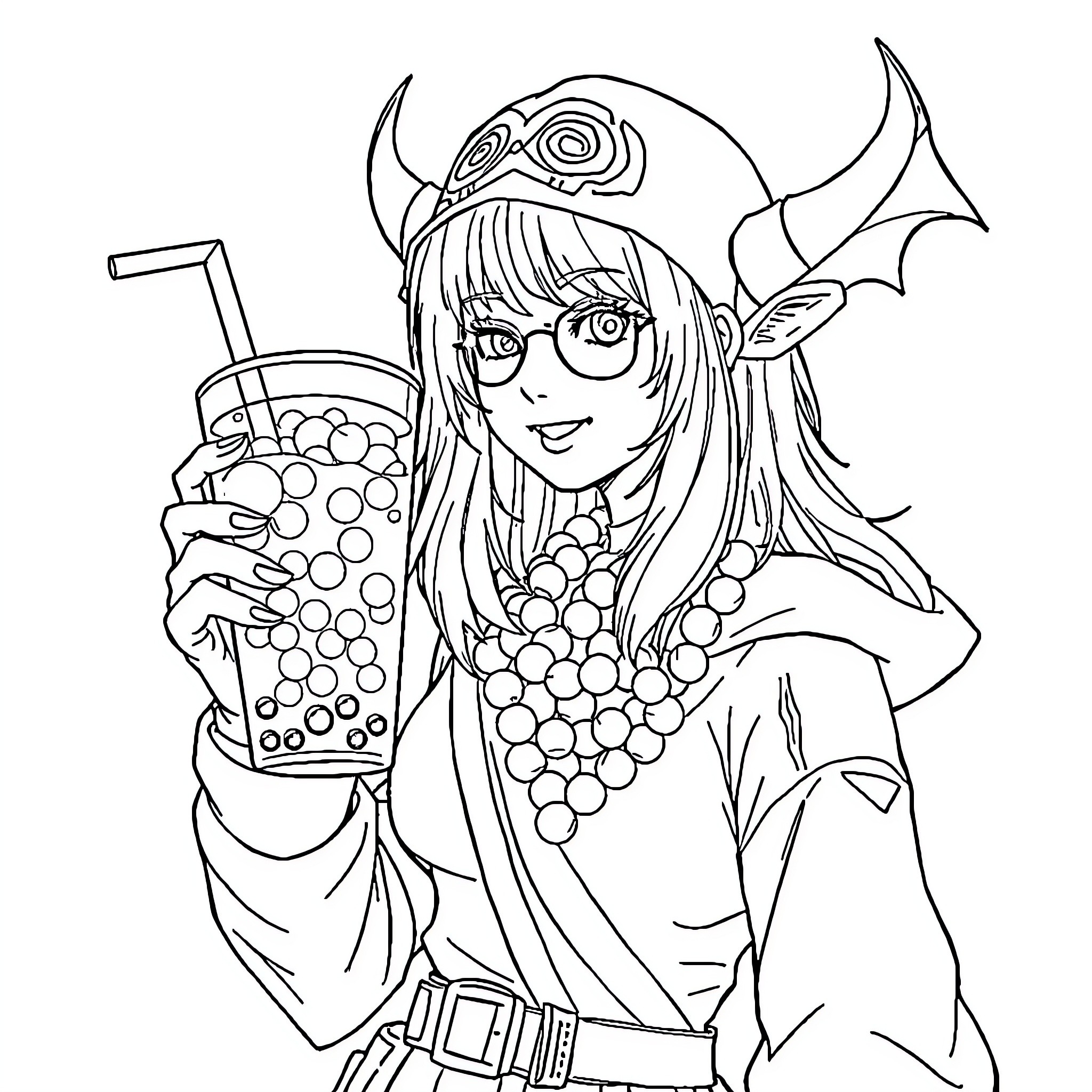 Mira's Delightful Bubble Beverage Coloring Page (free black-and-white line drawing printable PDF for all, from beginners to advanced learners, including children, teens, adults, and seniors)