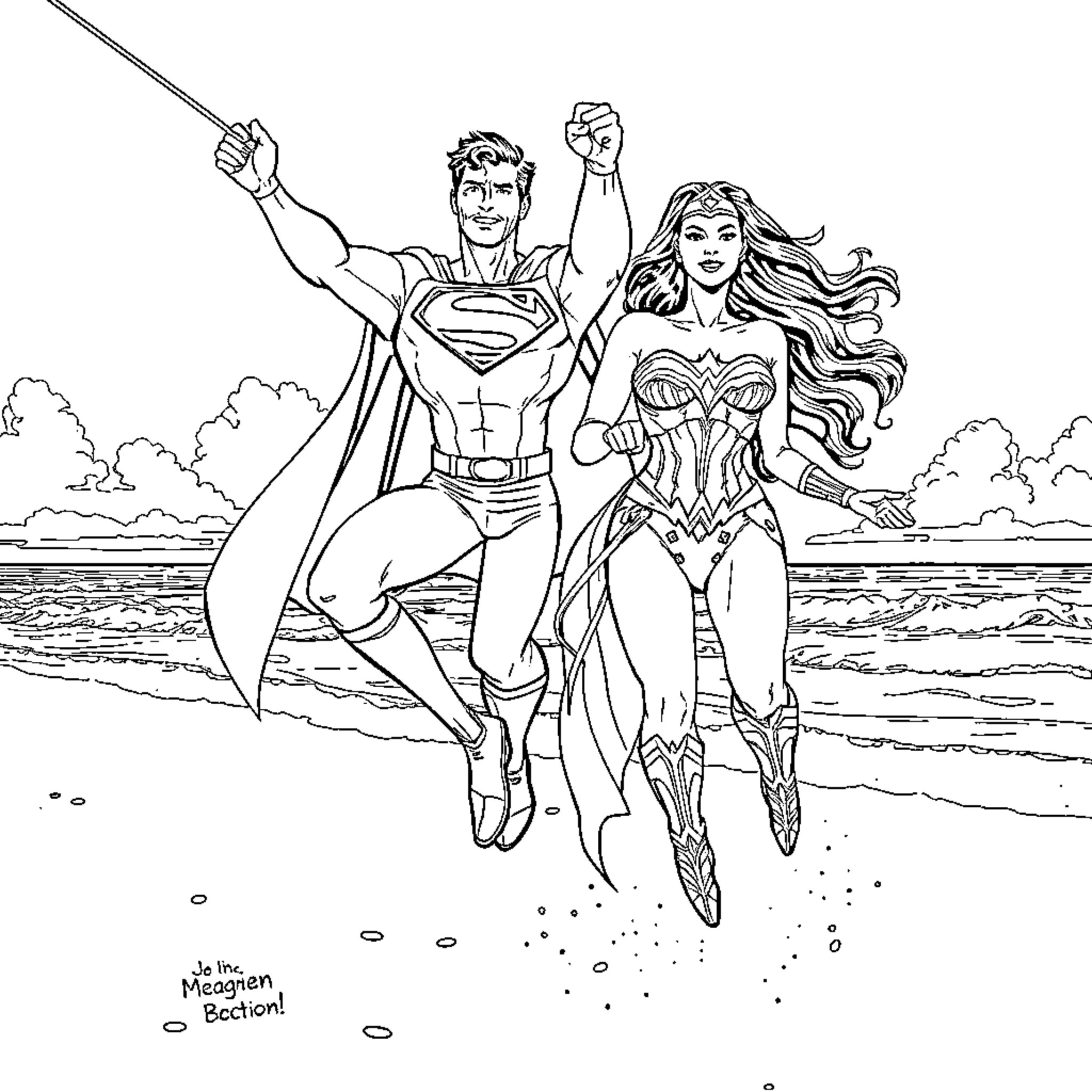 Superman and Wonder Woman fighting crime on the beach Coloring Page (free black-and-white line drawing printable PDF for all, from beginners to advanced learners, including children, teens, adults, and seniors)