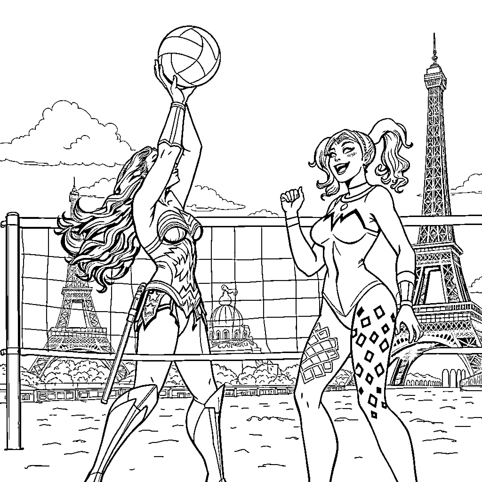 Wonder Woman Playing Volleyball in Paris Coloring Page (free black-and-white line drawing printable PDF for all, from beginners to advanced learners, including children, teens, adults, and seniors)