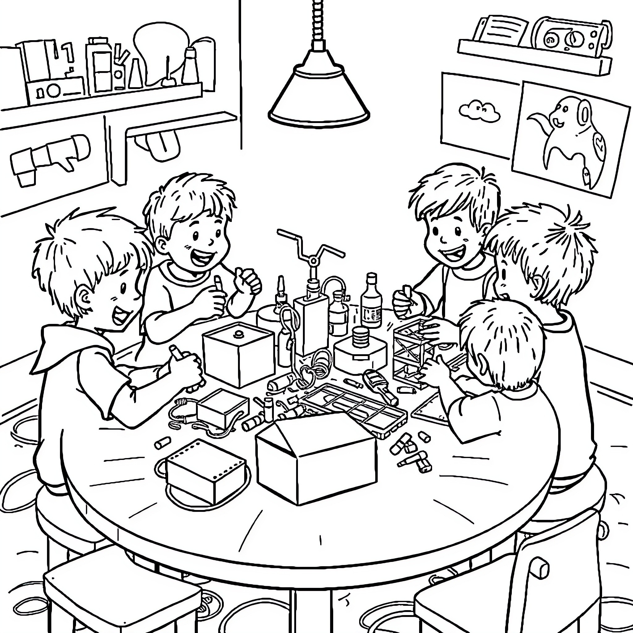 Kids Enjoying Crafts and Science Experiments Coloring Page (free black-and-white line drawing printable PDF for all, from beginners to advanced learners, including children, teens, adults, and seniors)