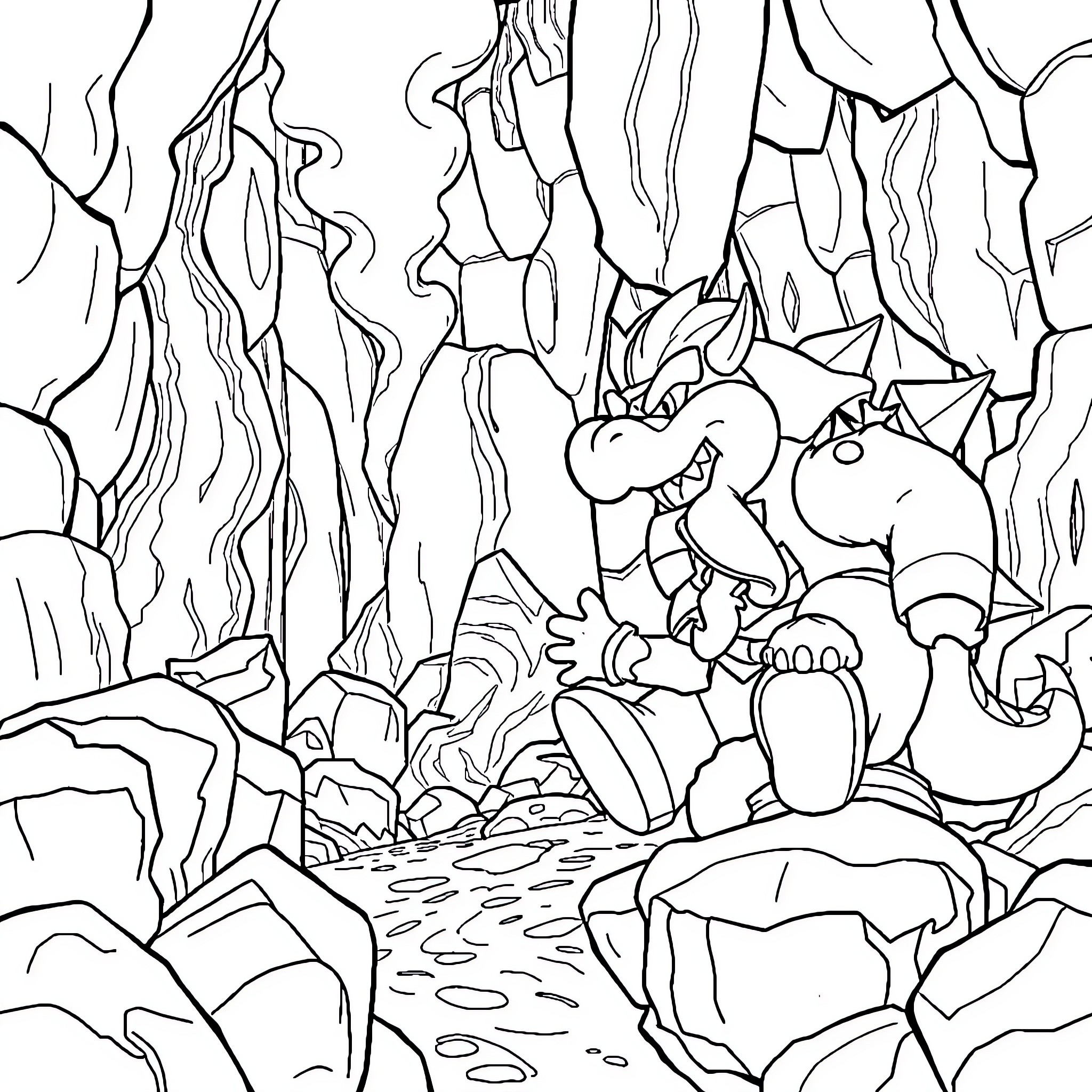 Mario Exploring the Mysterious Cave Coloring Page (free black-and-white line drawing printable PDF for all, from beginners to advanced learners, including children, teens, adults, and seniors)