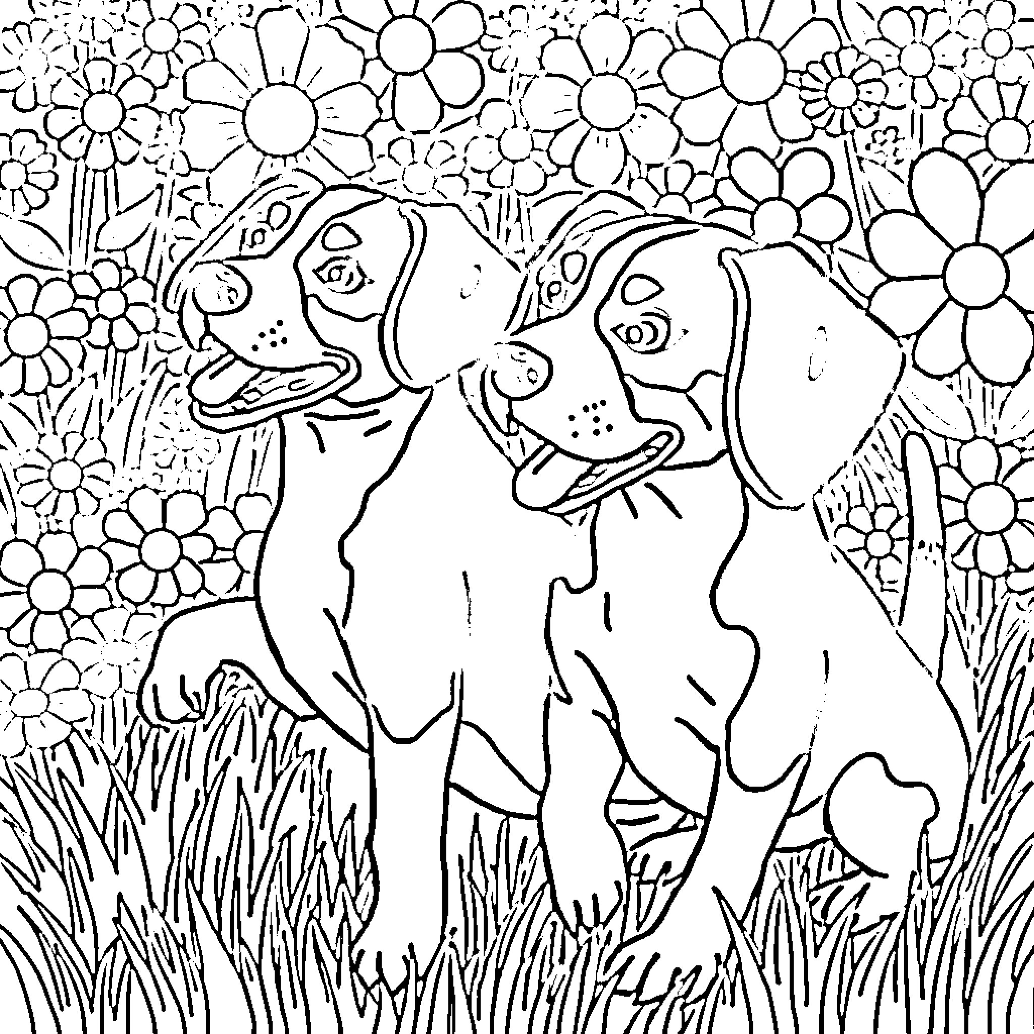Beagle friends enjoying flowers and nature Coloring Page (free black-and-white line drawing printable PDF for all, from beginners to advanced learners, including children, teens, adults, and seniors)
