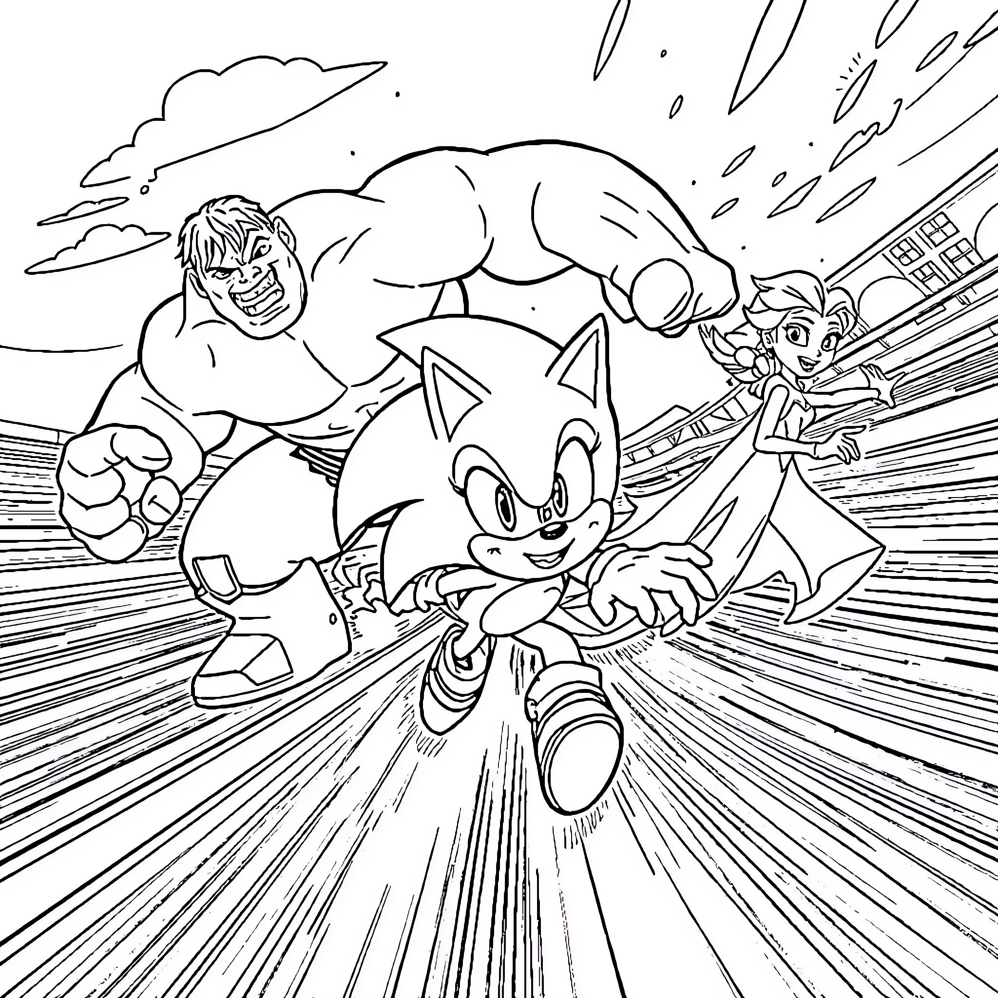 Sonic speeding through the city with a determined look Coloring Page (free black-and-white line drawing printable PDF for all, from beginners to advanced learners, including children, teens, adults, and seniors)