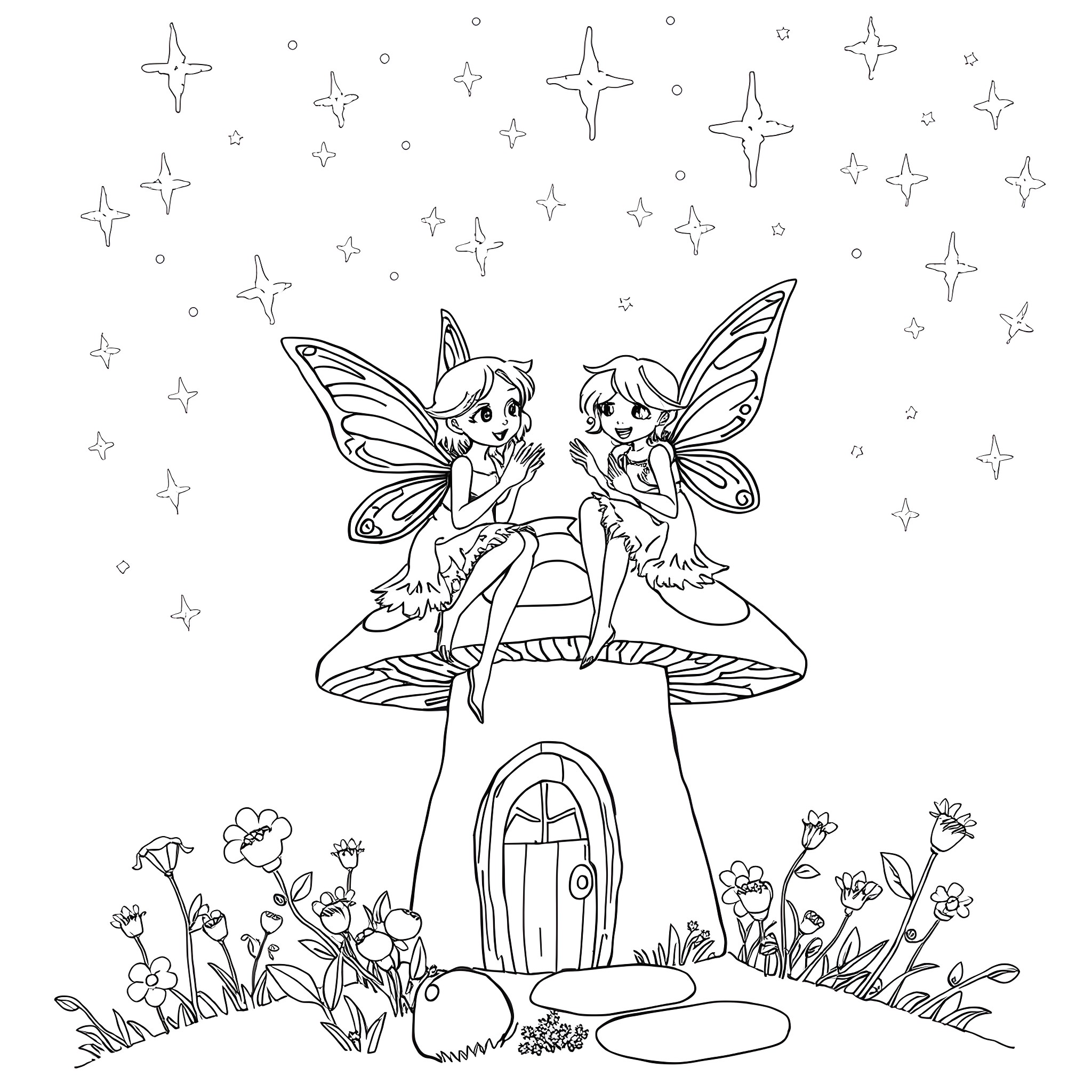 Fairy Companions Enjoying a Starry Mushroom Dwelling Coloring Page (free black-and-white line drawing printable PDF for all, from beginners to advanced learners, including children, teens, adults, and seniors)