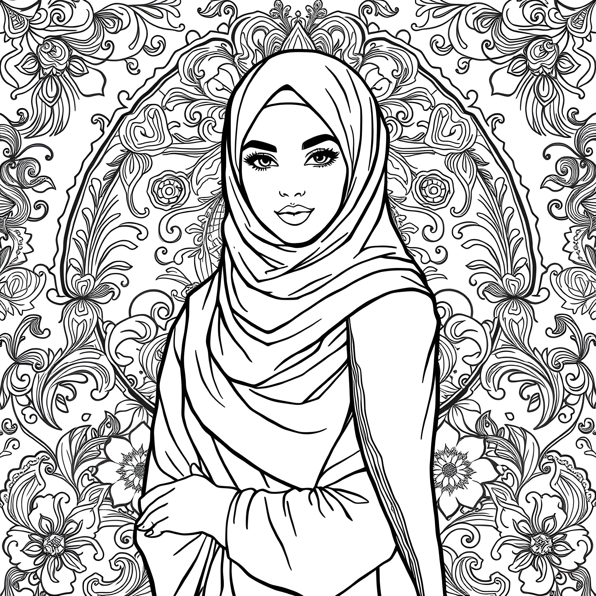 Hijabi Woman Surrounded by Intricate Floral Patterns Coloring Page (free black-and-white line drawing printable PDF for all, from beginners to advanced learners, including children, teens, adults, and seniors)