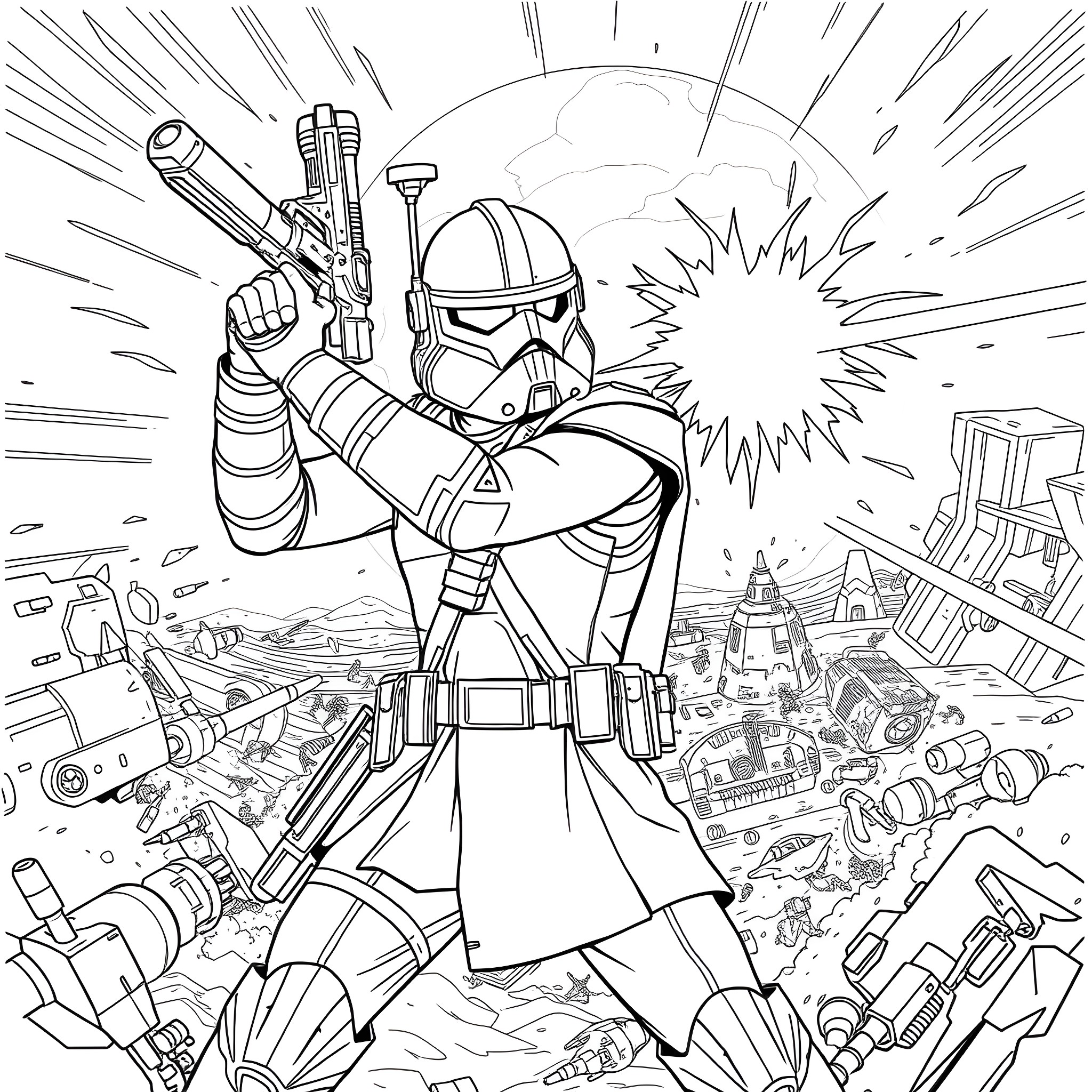 Captain Rex's Explosive Battle Amidst the Chaos Coloring Page (free black-and-white line drawing printable PDF for all, from beginners to advanced learners, including children, teens, adults, and seniors)