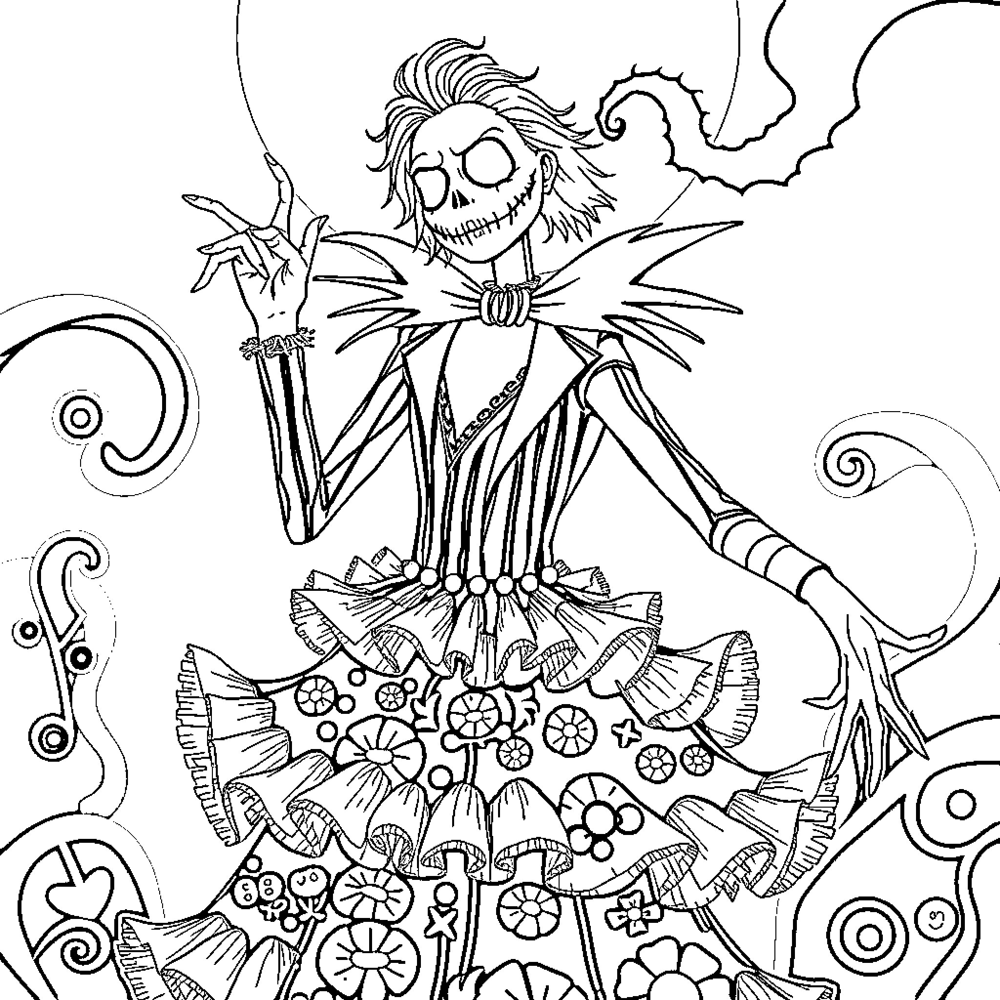 Beetlejuice's Whimsical Floral Attire Coloring Page (free black-and-white line drawing printable PDF for all, from beginners to advanced learners, including children, teens, adults, and seniors)