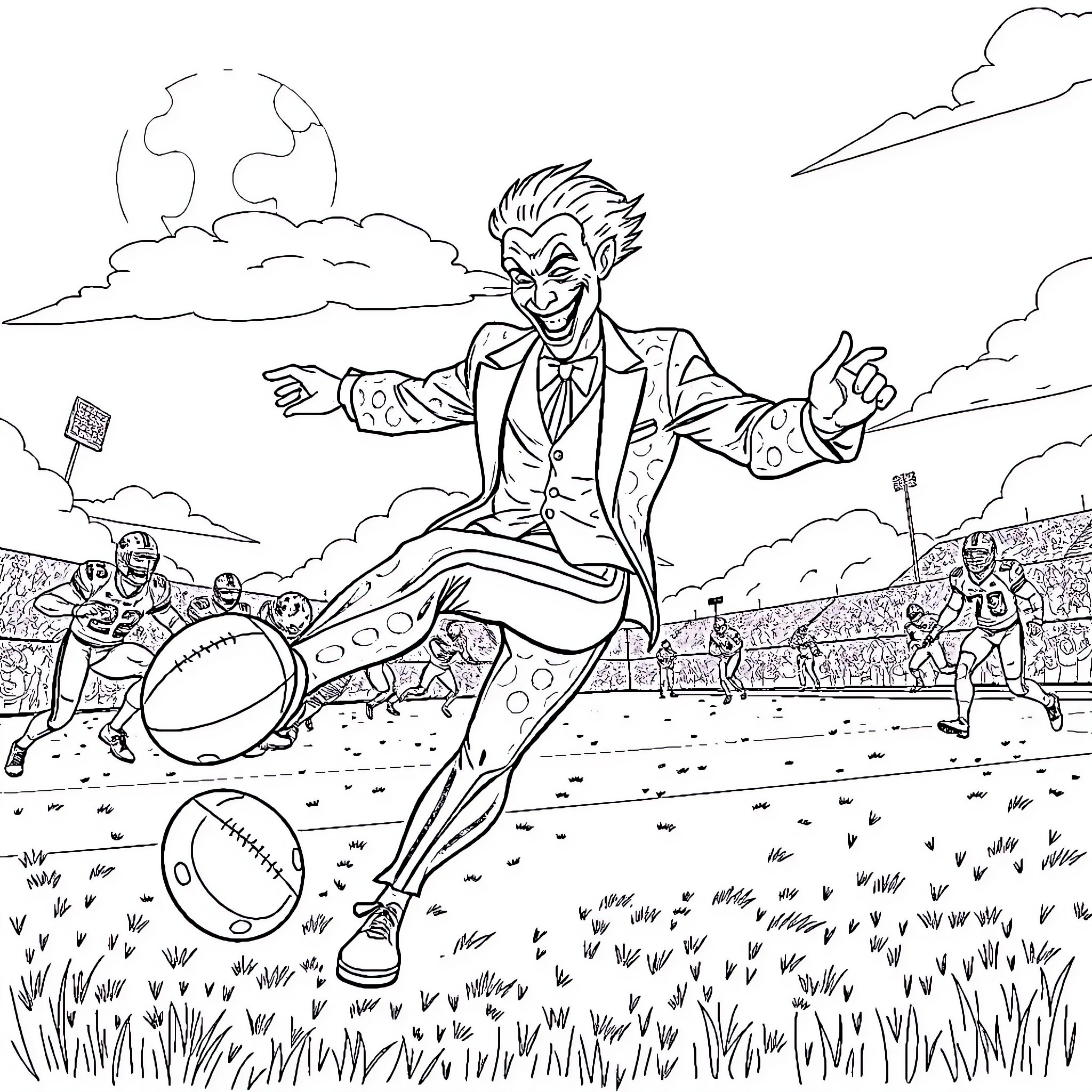Joker's Mischievous Football Antics Coloring Page (free black-and-white line drawing printable PDF for all, from beginners to advanced learners, including children, teens, adults, and seniors)