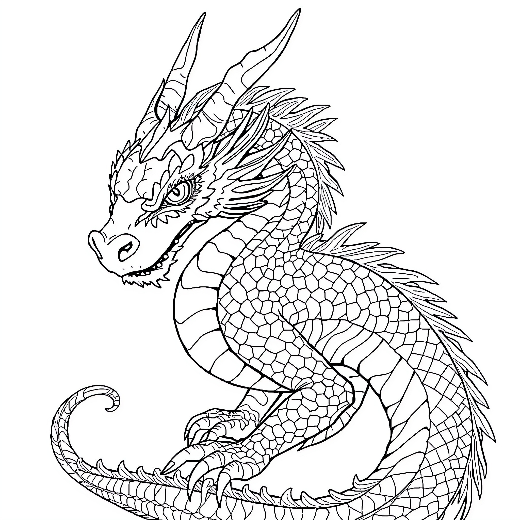 Dragon with Fierce Expression and Intricate Scales Coloring Page (free black-and-white line drawing printable PDF for all, from beginners to advanced learners, including children, teens, adults, and seniors)