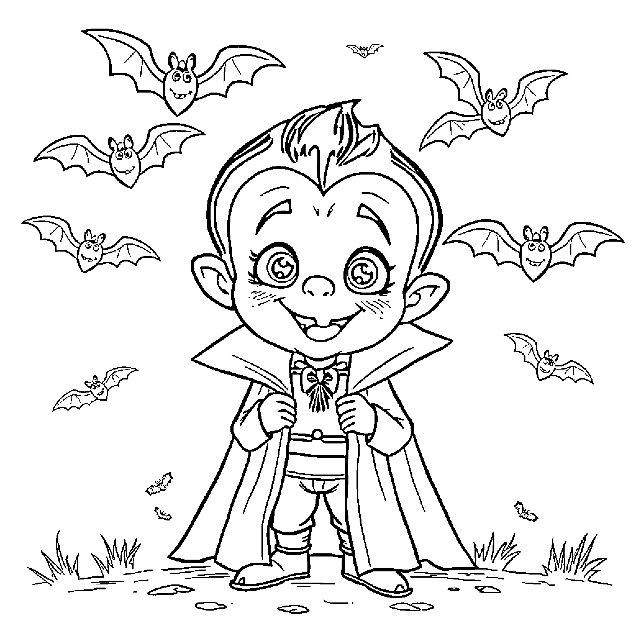 Vampire Boy Surrounded by Bats in the Night Coloring Page (free black-and-white line drawing printable PDF for all, from beginners to advanced learners, including children, teens, adults, and seniors)