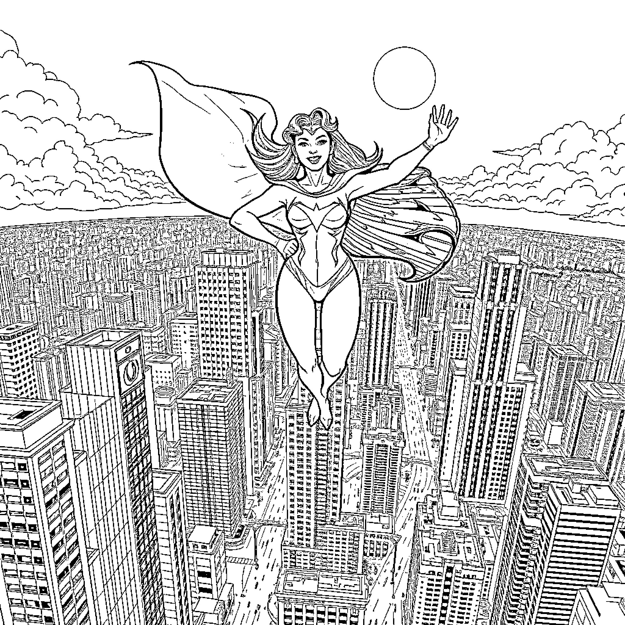 Darna soaring over the city skyline Coloring Page (free black-and-white line drawing printable PDF for all, from beginners to advanced learners, including children, teens, adults, and seniors)