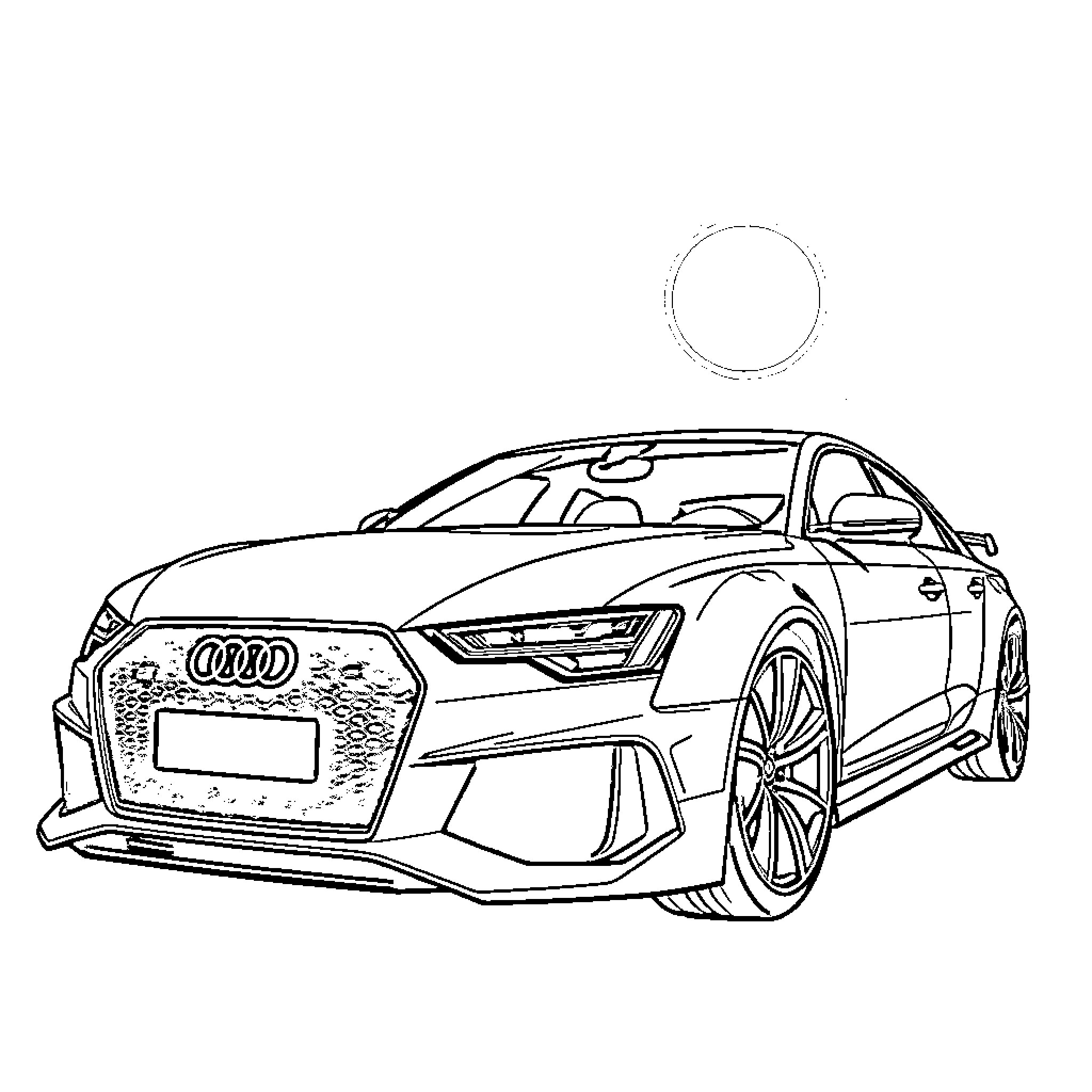 Audi sports car speeding along the road Coloring Page (free black-and-white line drawing printable PDF for all, from beginners to advanced learners, including children, teens, adults, and seniors)