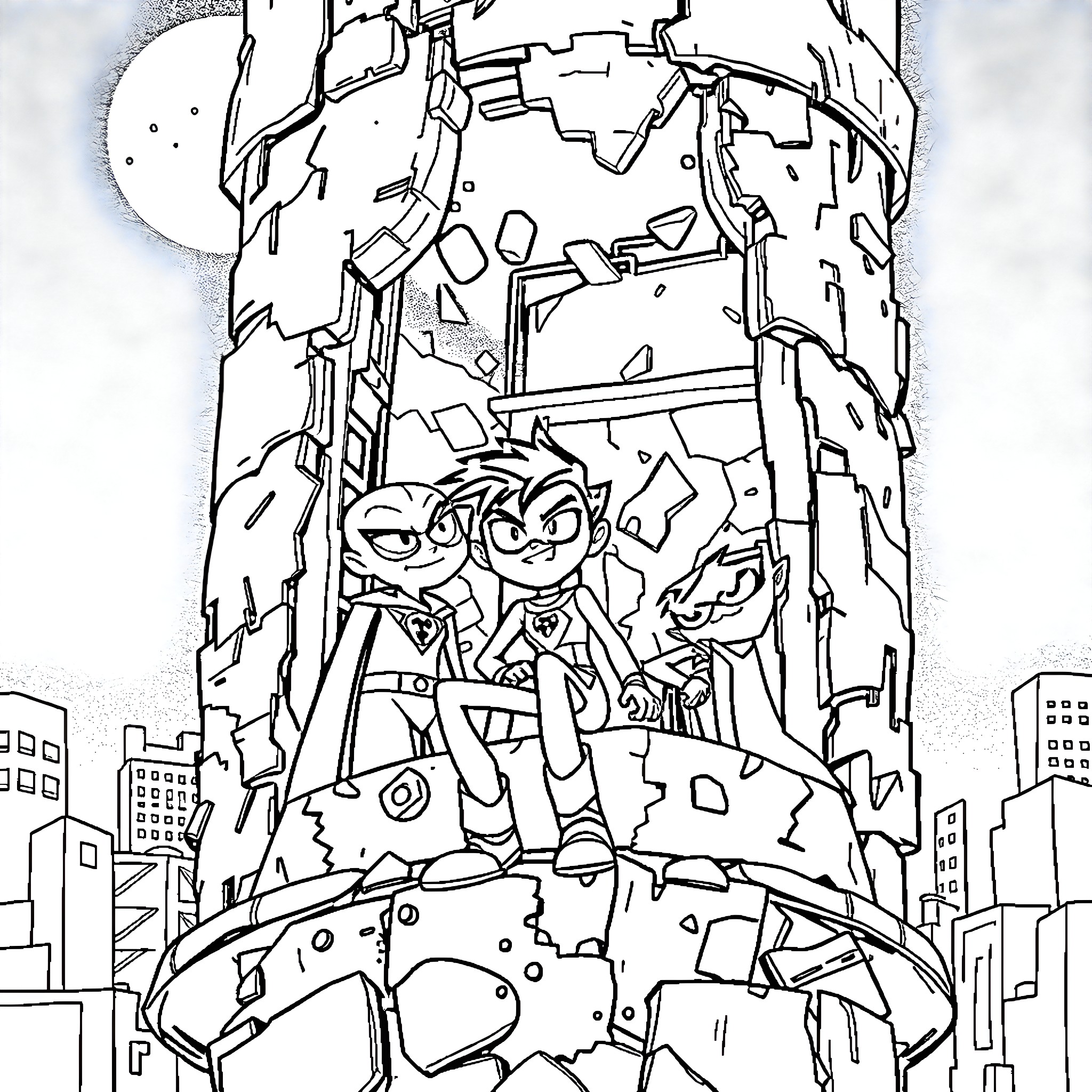 Teen Titans Go on wild adventure in the city Coloring Page (free black-and-white line drawing printable PDF for all, from beginners to advanced learners, including children, teens, adults, and seniors)