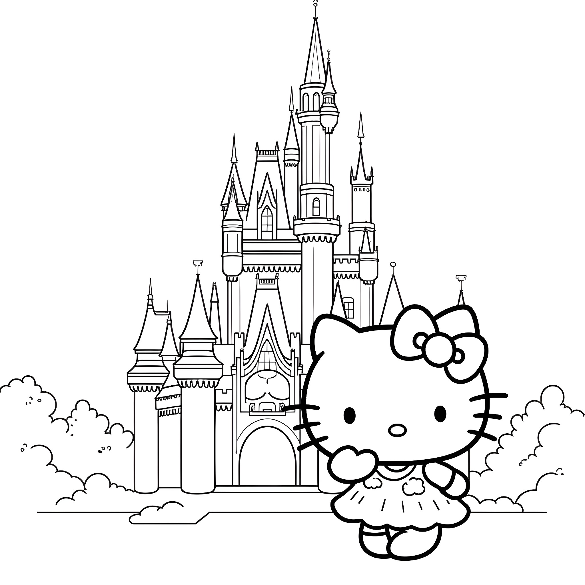 Hello Kitty exploring a magical castle Coloring Page (free black-and-white line drawing printable PDF for all, from beginners to advanced learners, including children, teens, adults, and seniors)