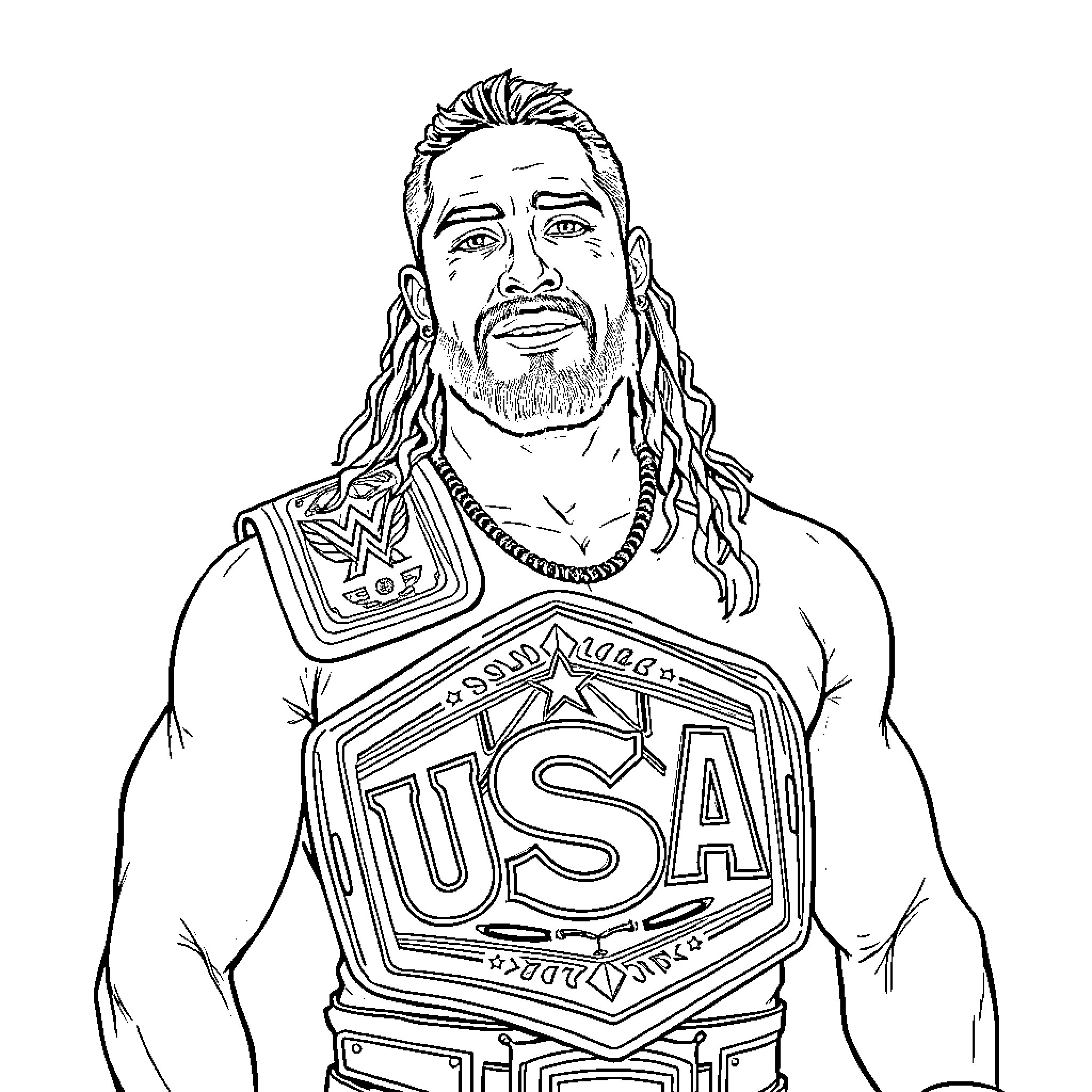 Jey Uso posing confidently with title belt Coloring Page (free black-and-white line drawing printable PDF for all, from beginners to advanced learners, including children, teens, adults, and seniors)
