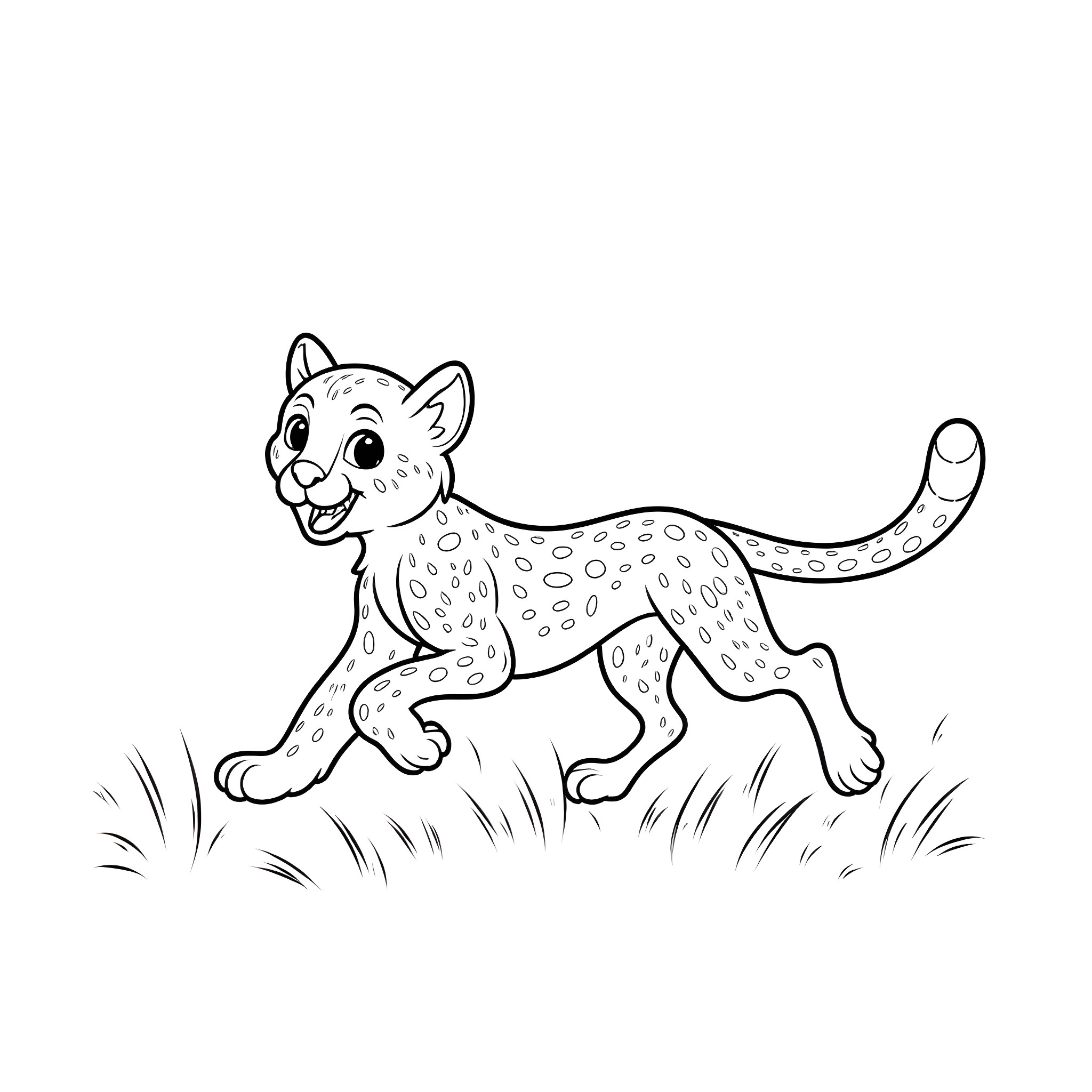 Cheetah chasing through the wild Coloring Page (free black-and-white line drawing printable PDF for all, from beginners to advanced learners, including children, teens, adults, and seniors)