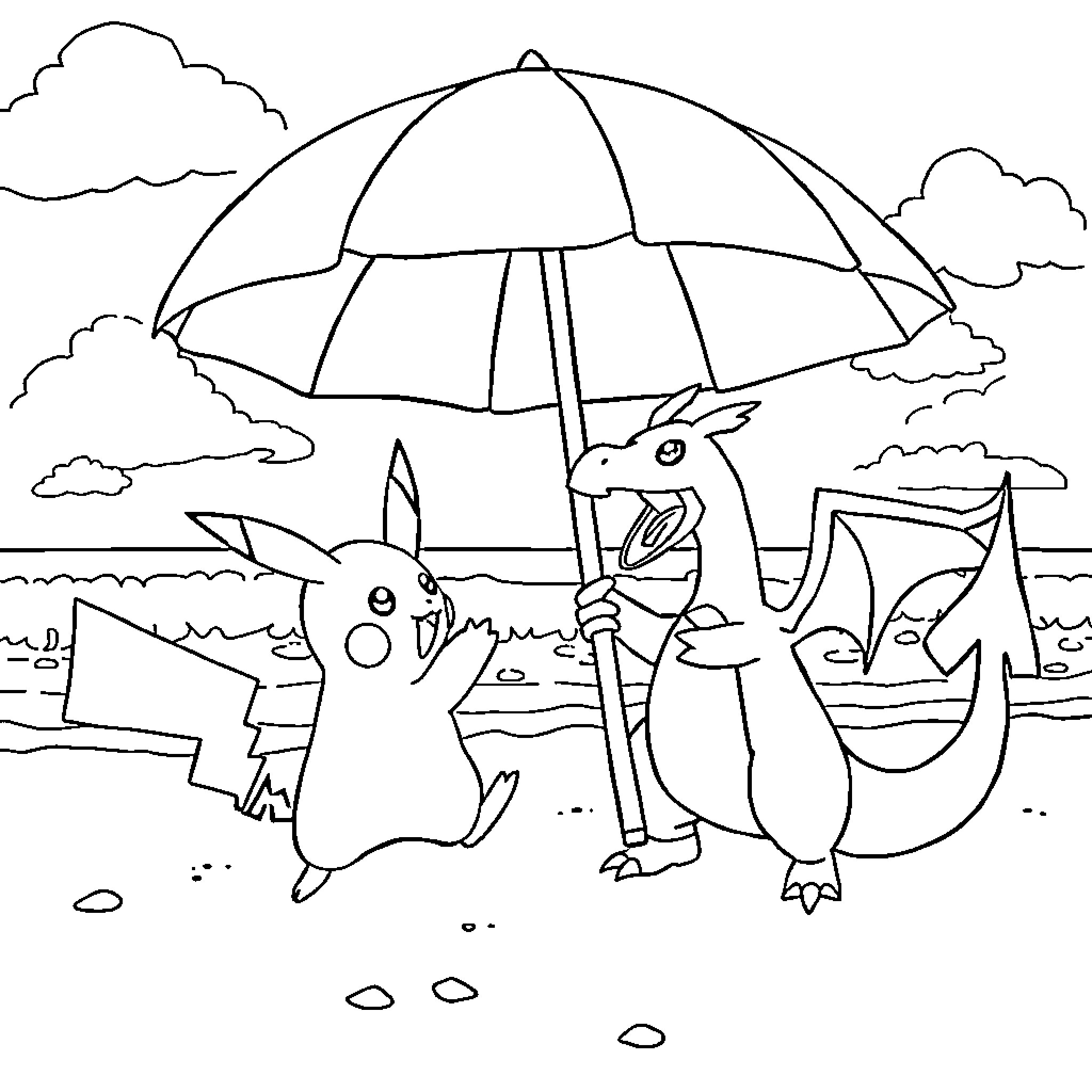 Pikachu and Pokémon friends enjoying a beach day Coloring Page (free black-and-white line drawing printable PDF for all, from beginners to advanced learners, including children, teens, adults, and seniors)