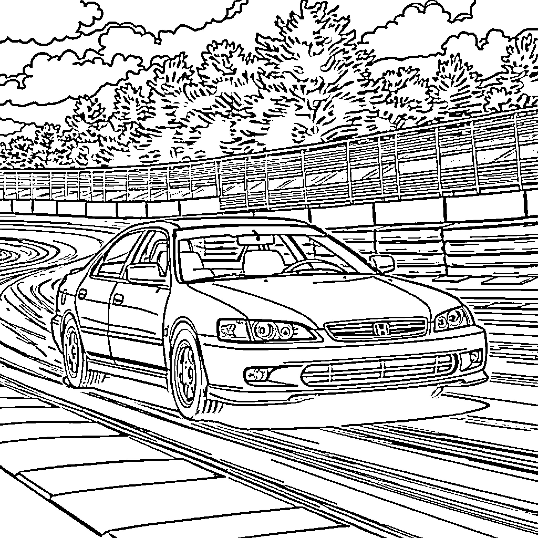 Honda car racing on the track Coloring Page (free black-and-white line drawing printable PDF for all, from beginners to advanced learners, including children, teens, adults, and seniors)