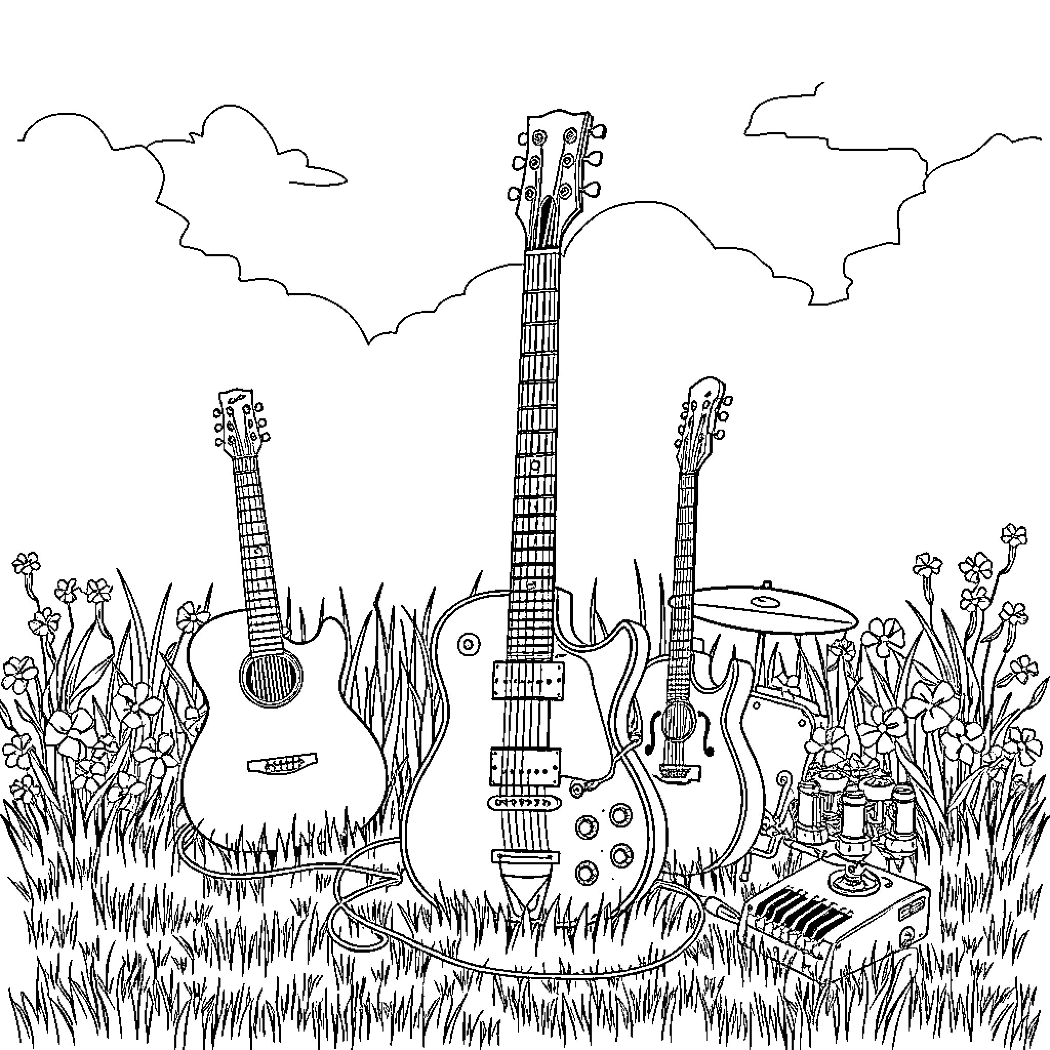 Guitar-Inspired Artistic Landscape with Instruments Coloring Page (free black-and-white line drawing printable PDF for all, from beginners to advanced learners, including children, teens, adults, and seniors)