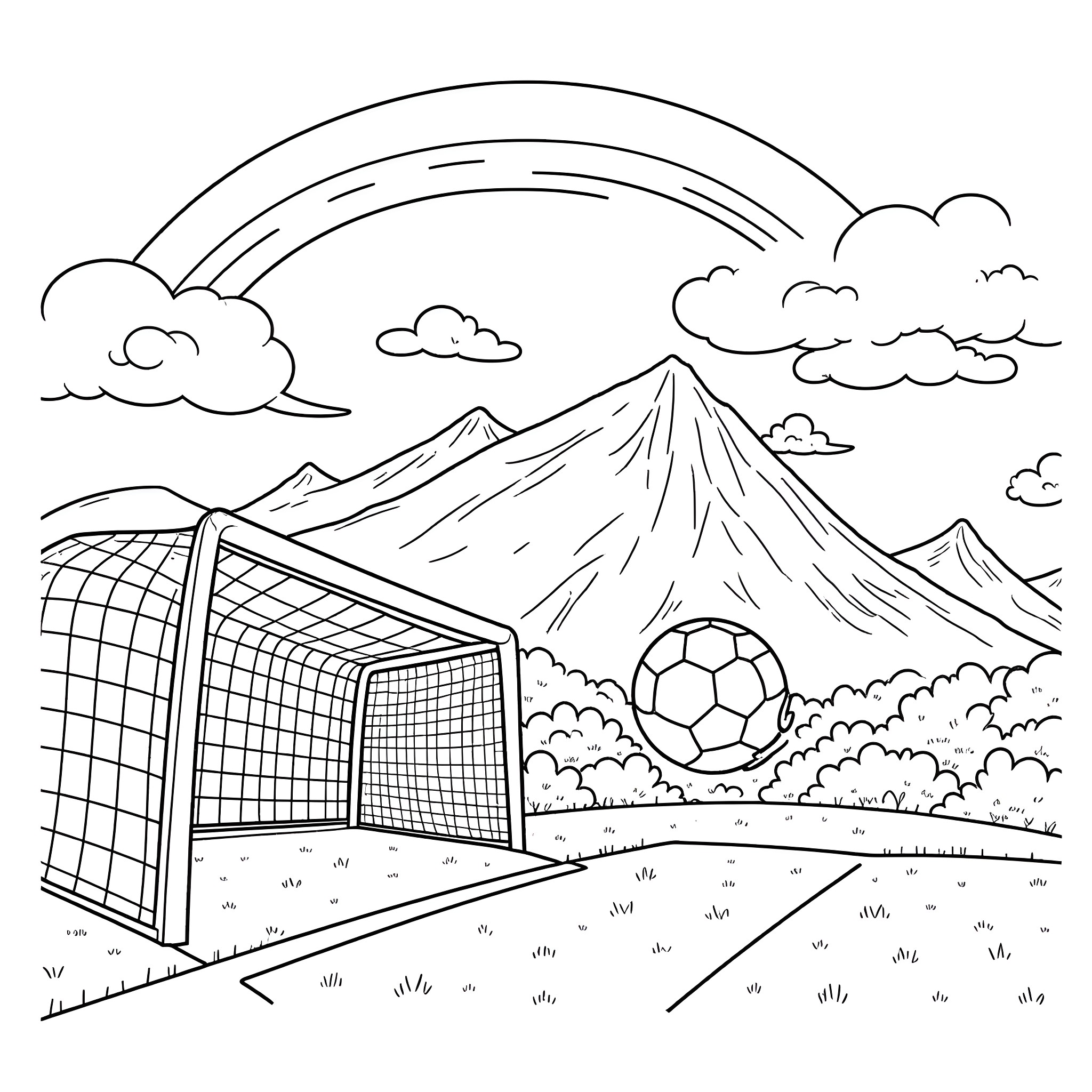 Soccer Ball in Mountain Landscape Coloring Page (free black-and-white line drawing printable PDF for all, from beginners to advanced learners, including children, teens, adults, and seniors)