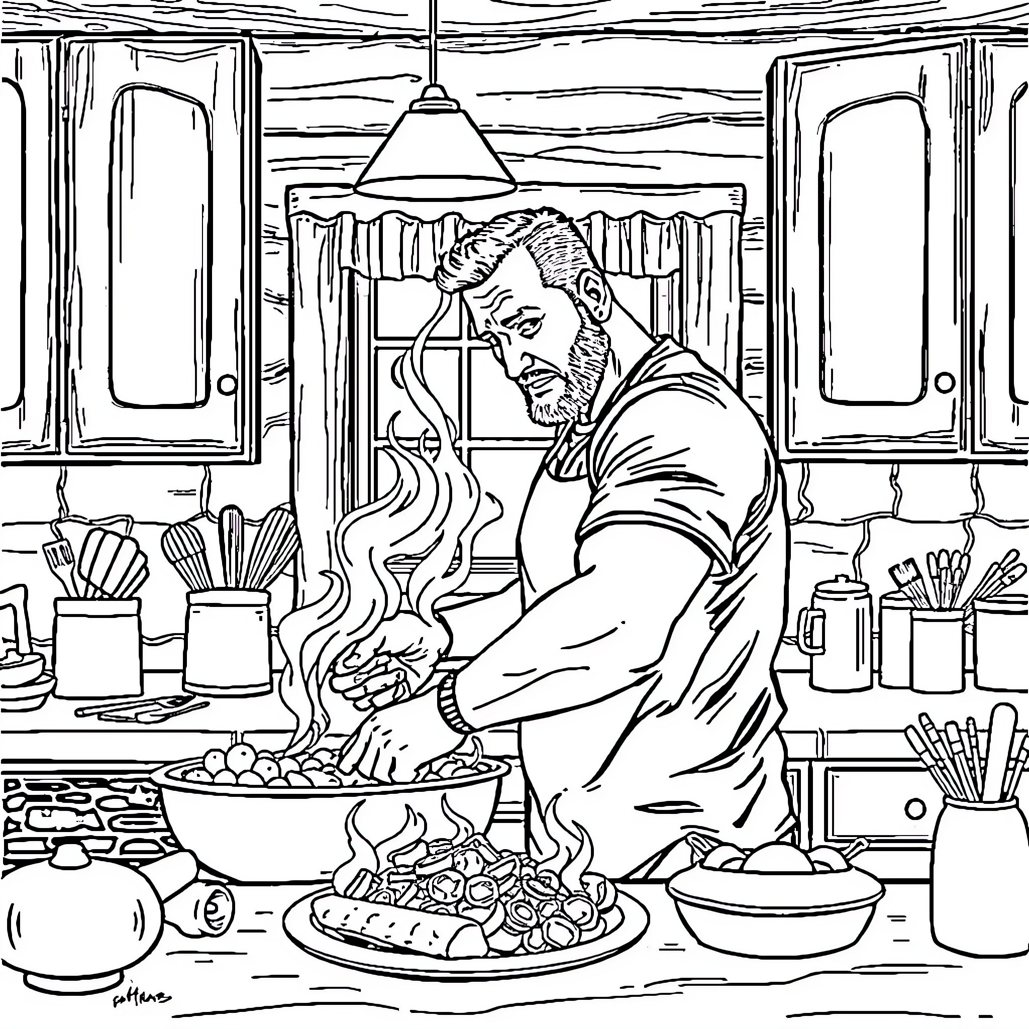 Steve Austin preparing a meal in his kitchen Coloring Page (free black-and-white line drawing printable PDF for all, from beginners to advanced learners, including children, teens, adults, and seniors)