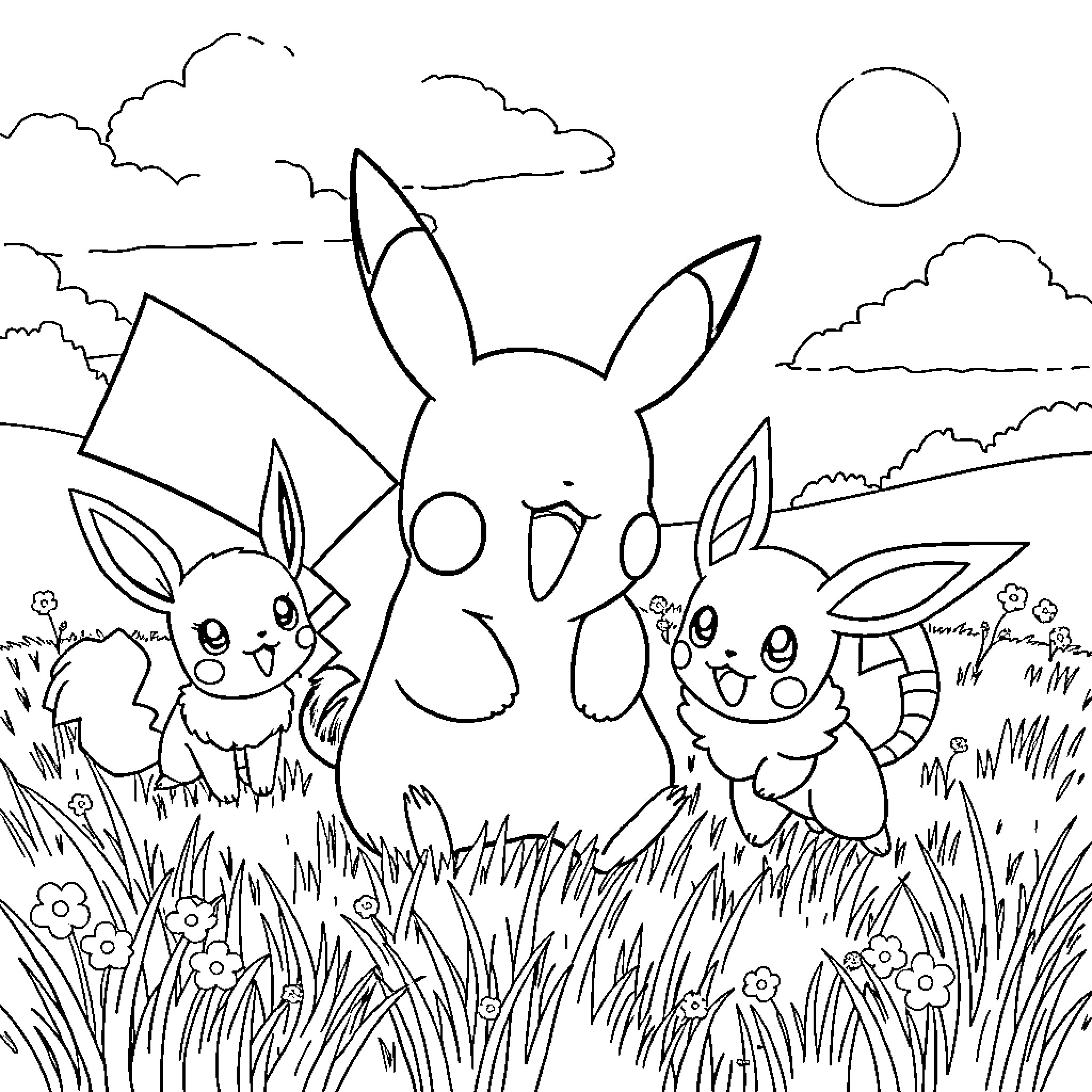 Pikachu and friends enjoying a peaceful day outdoors Coloring Page (free black-and-white line drawing printable PDF for all, from beginners to advanced learners, including children, teens, adults, and seniors)