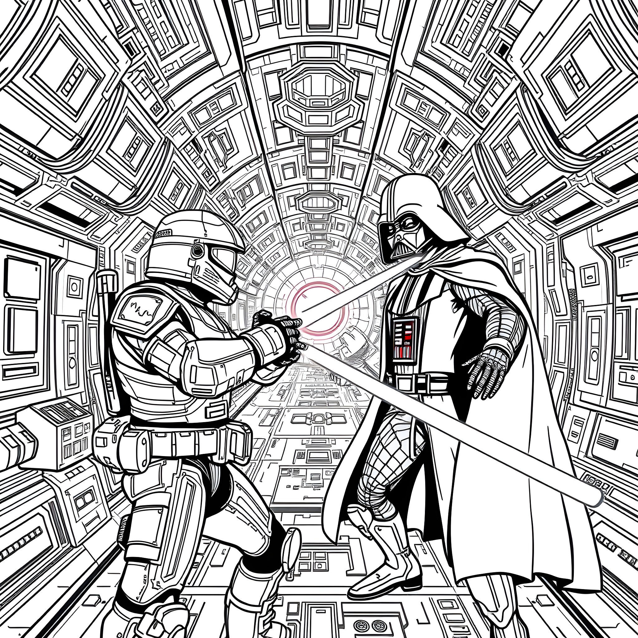 Master Chief and Darth Vader in an epic sci-fi battle Coloring Page (free black-and-white line drawing printable PDF for all, from beginners to advanced learners, including children, teens, adults, and seniors)