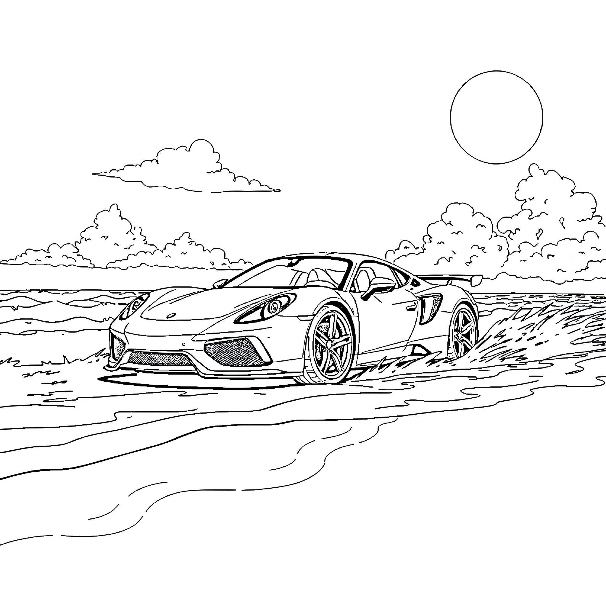 Car speeding through scenic countryside landscape Coloring Page (free black-and-white line drawing printable PDF for all, from beginners to advanced learners, including children, teens, adults, and seniors)
