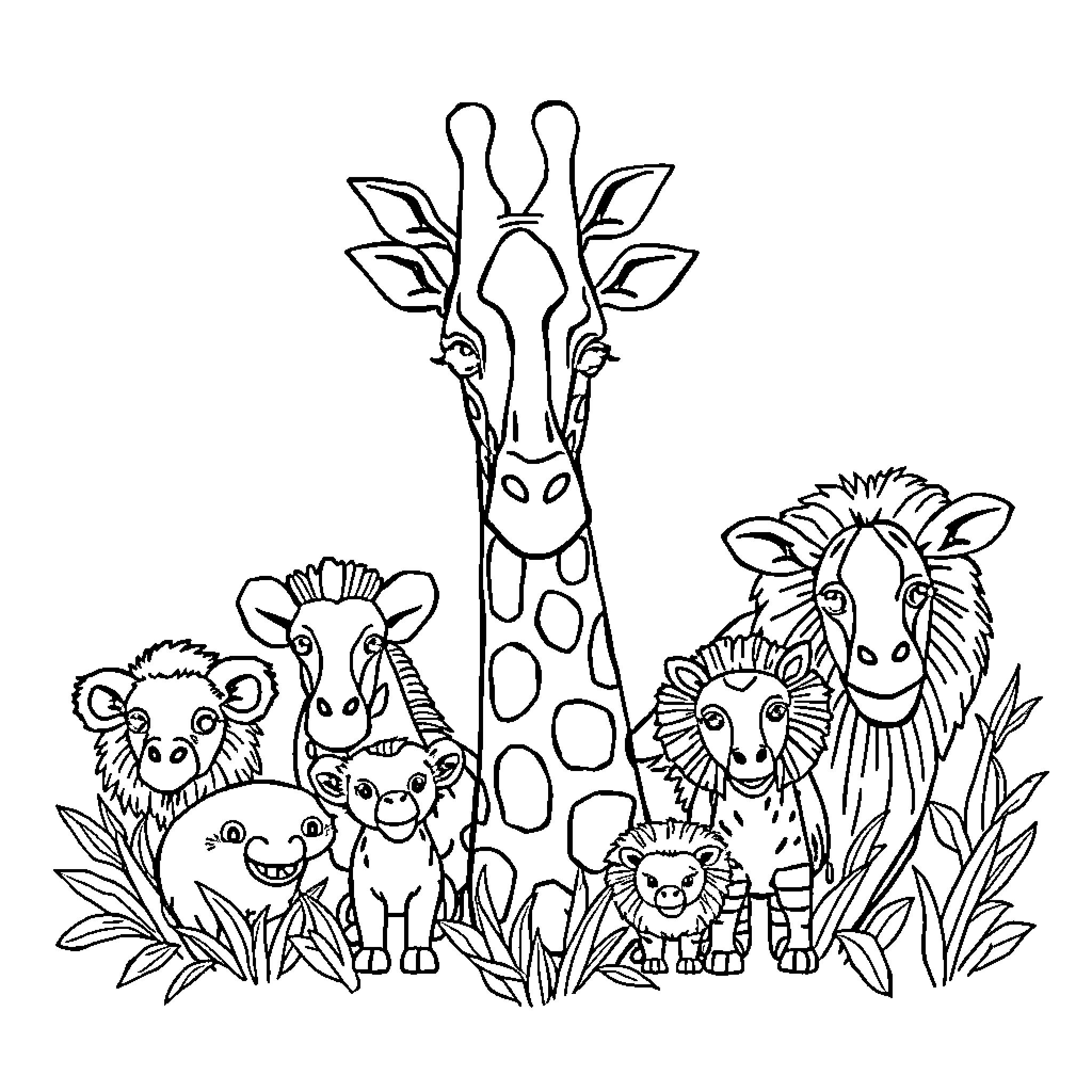 Giraffe and other animals in the jungle Coloring Page (free black-and-white line drawing printable PDF for all, from beginners to advanced learners, including children, teens, adults, and seniors)