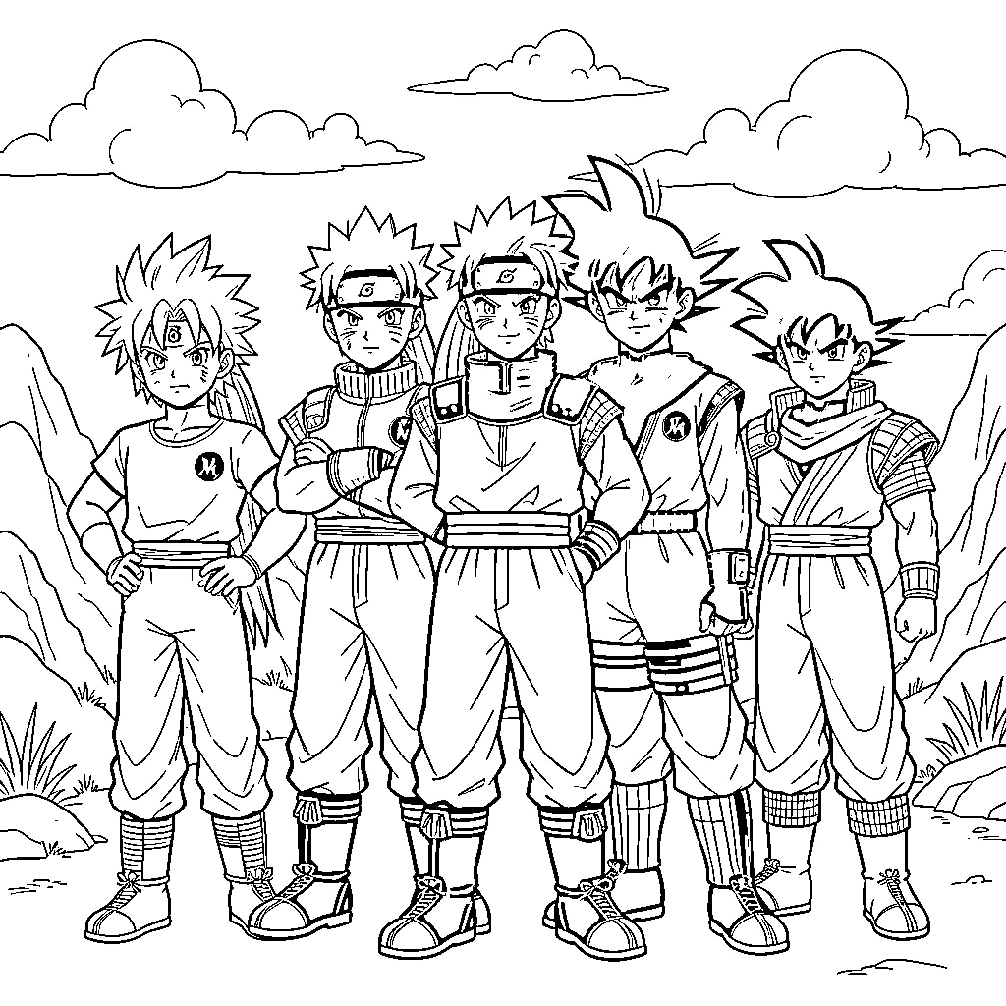 Naruto and friends standing together in a group pose Coloring Page (free black-and-white line drawing printable PDF for all, from beginners to advanced learners, including children, teens, adults, and seniors)