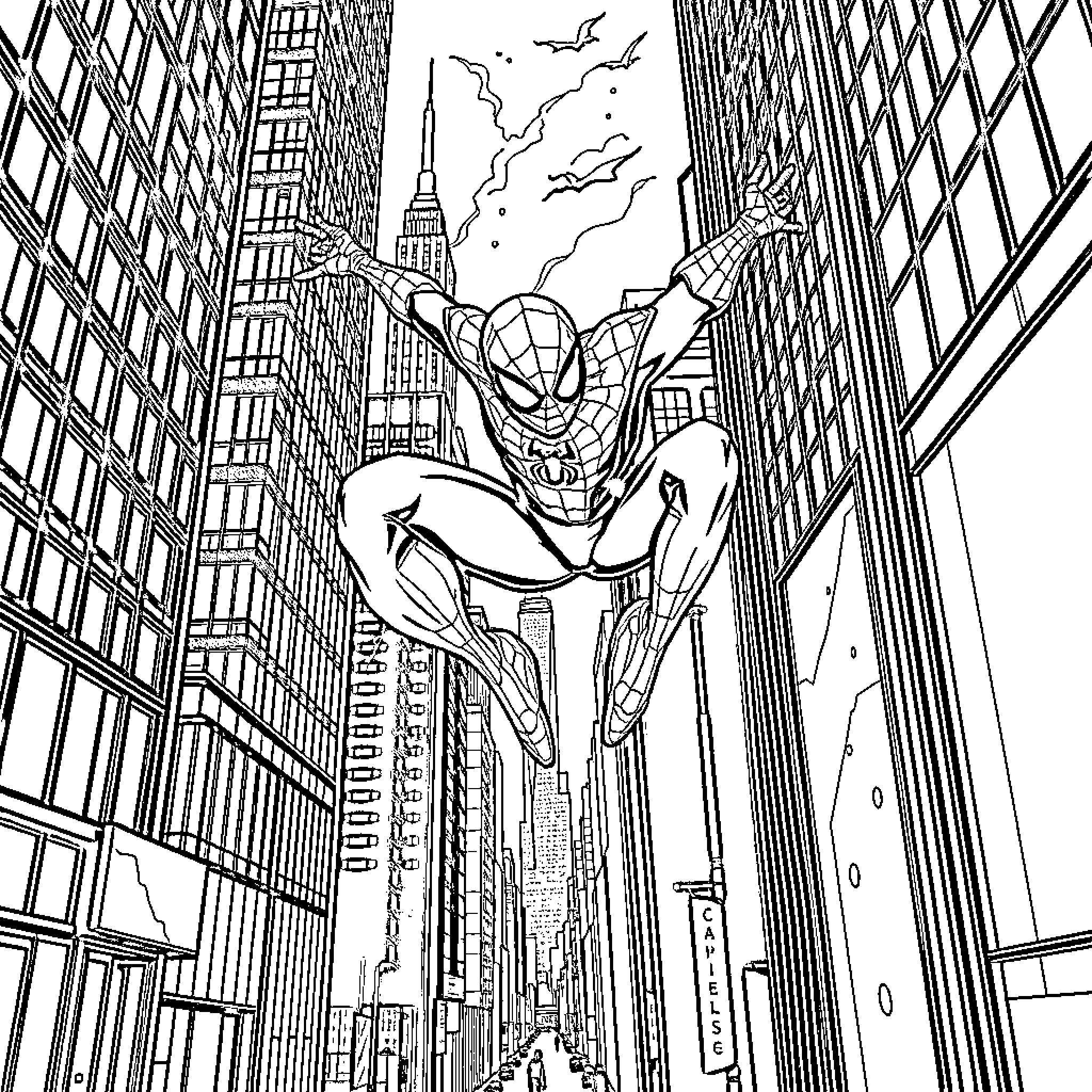 Spider-Man web-slinging through skyscrapers Coloring Page (free black-and-white line drawing printable PDF for all, from beginners to advanced learners, including children, teens, adults, and seniors)