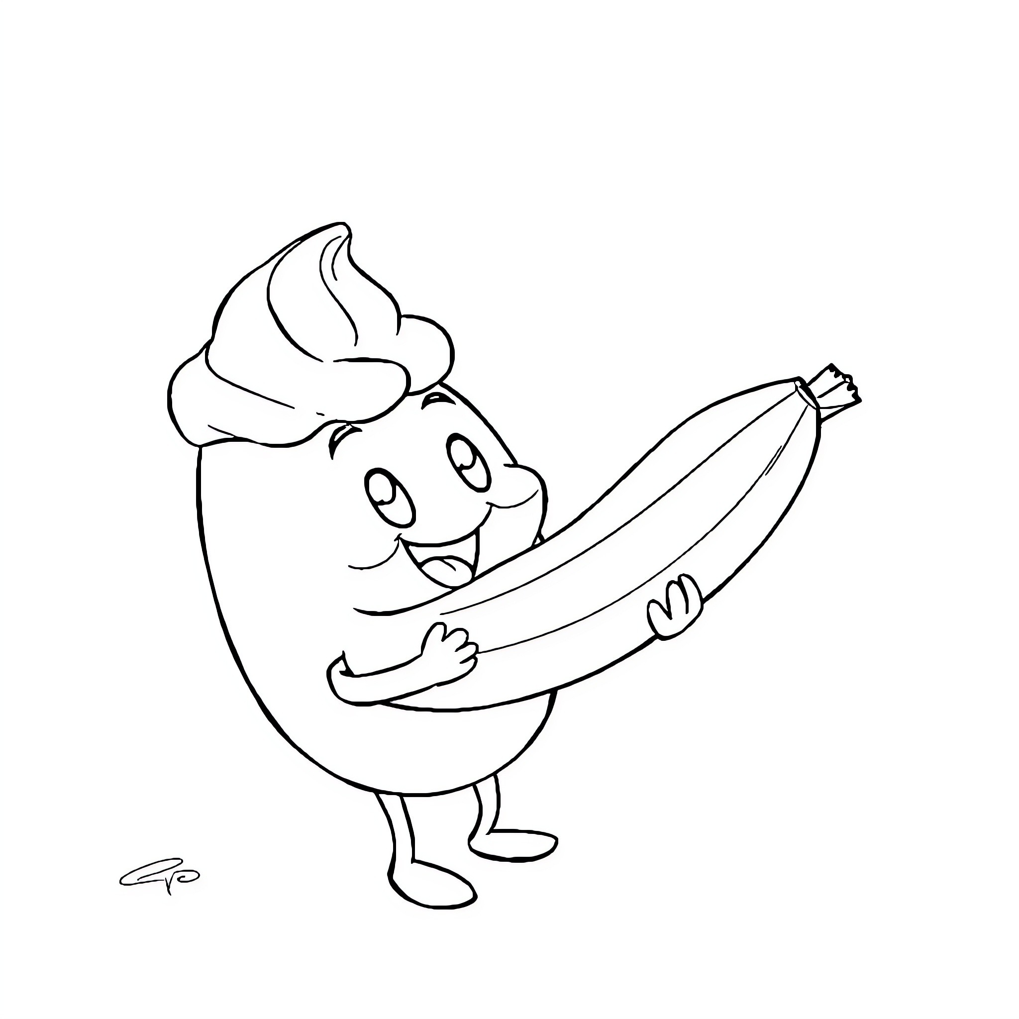 Mini happy ice cream cone with banana Coloring Page (free black-and-white line drawing printable PDF for all, from beginners to advanced learners, including children, teens, adults, and seniors)