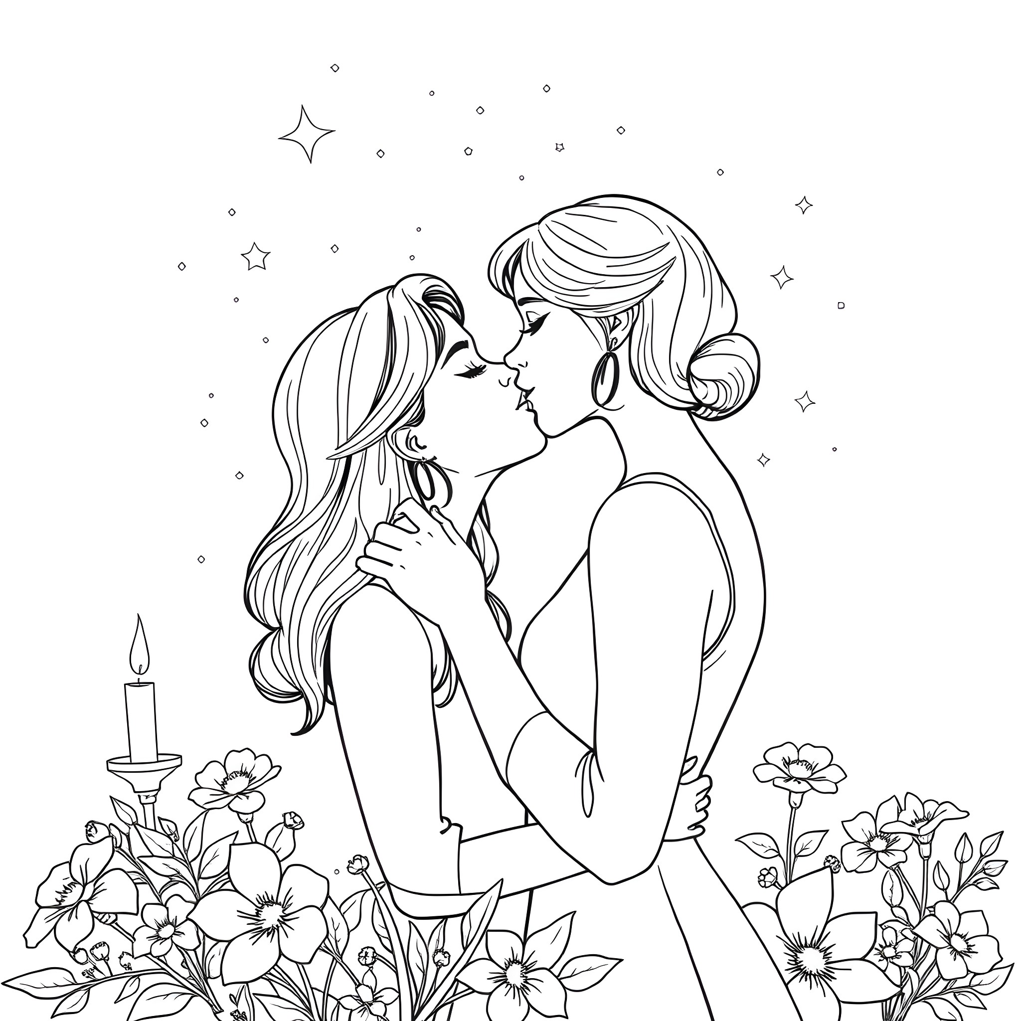 Lesbian Couple Embracing Tenderly under the Stars Coloring Page (free black-and-white line drawing printable PDF for all, from beginners to advanced learners, including children, teens, adults, and seniors)