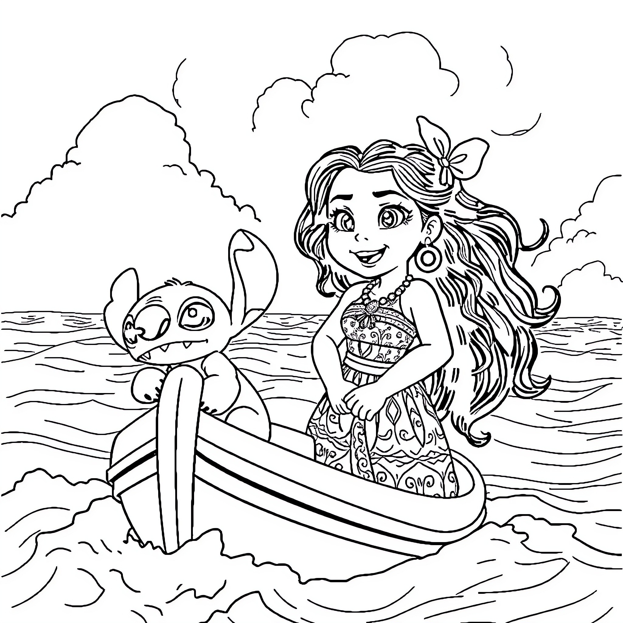 Moana's Adventure with Stitch on the High Seas Coloring Page (free black-and-white line drawing printable PDF for all, from beginners to advanced learners, including children, teens, adults, and seniors)