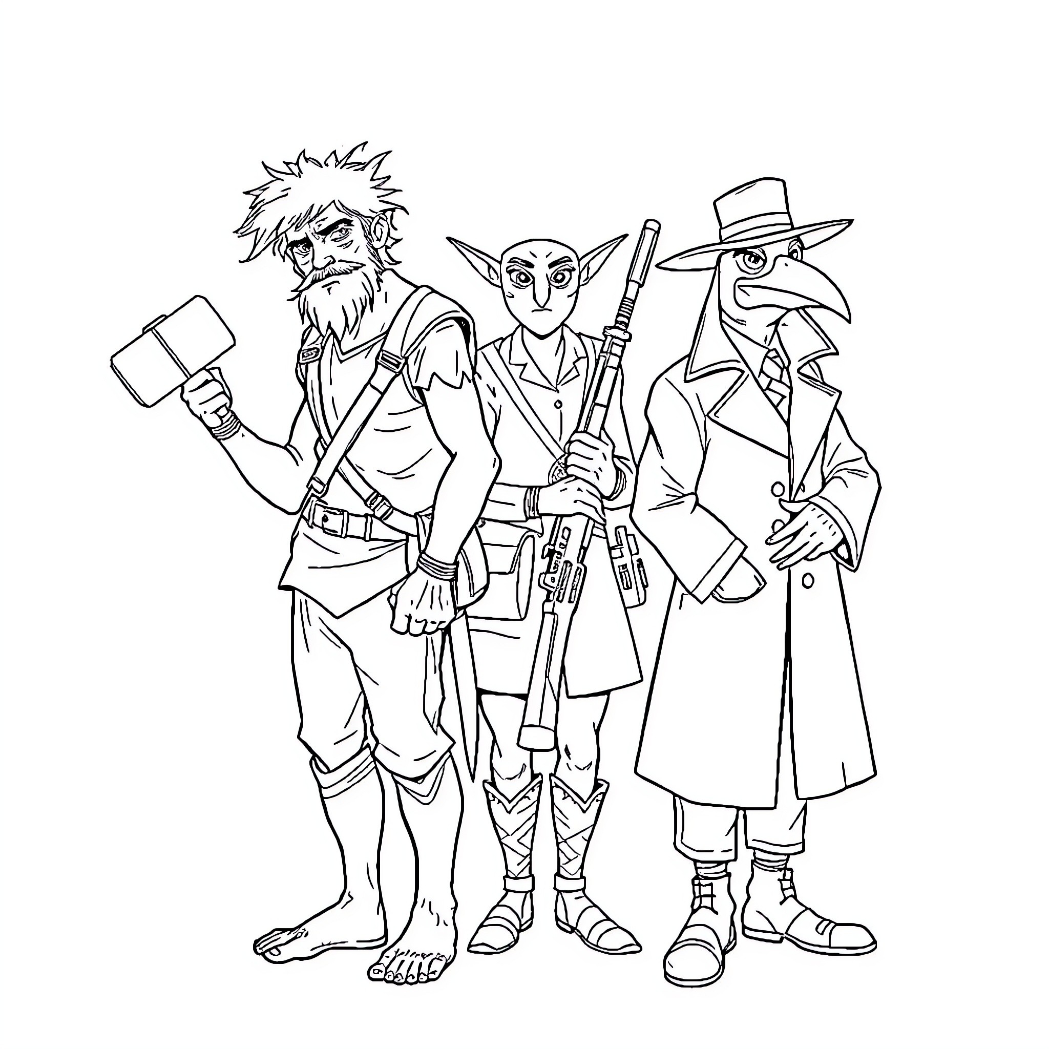 Man in Heroic Fantasy and Sci-Fi Outfits Coloring Page (free black-and-white line drawing printable PDF for all, from beginners to advanced learners, including children, teens, adults, and seniors)
