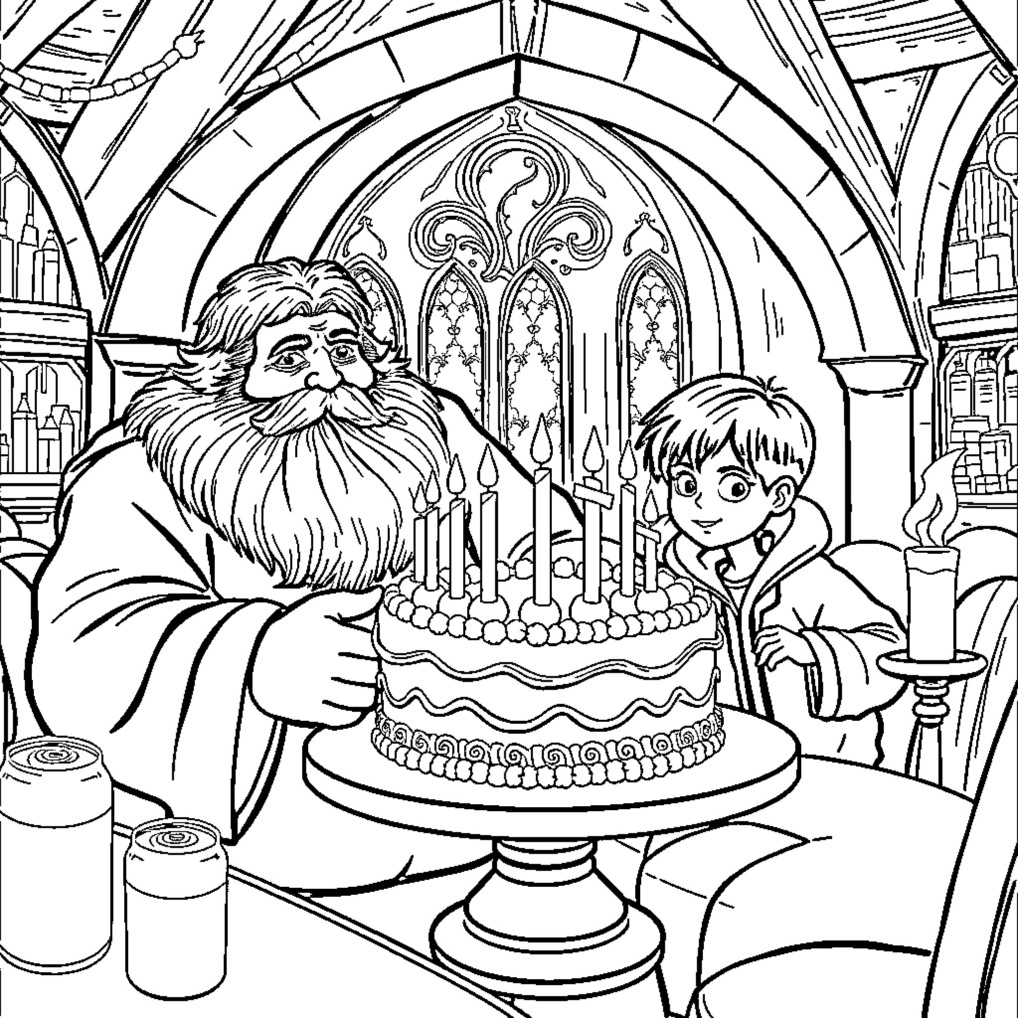Hagrid celebrating a boy's birthday with a cake Coloring Page (free black-and-white line drawing printable PDF for all, from beginners to advanced learners, including children, teens, adults, and seniors)