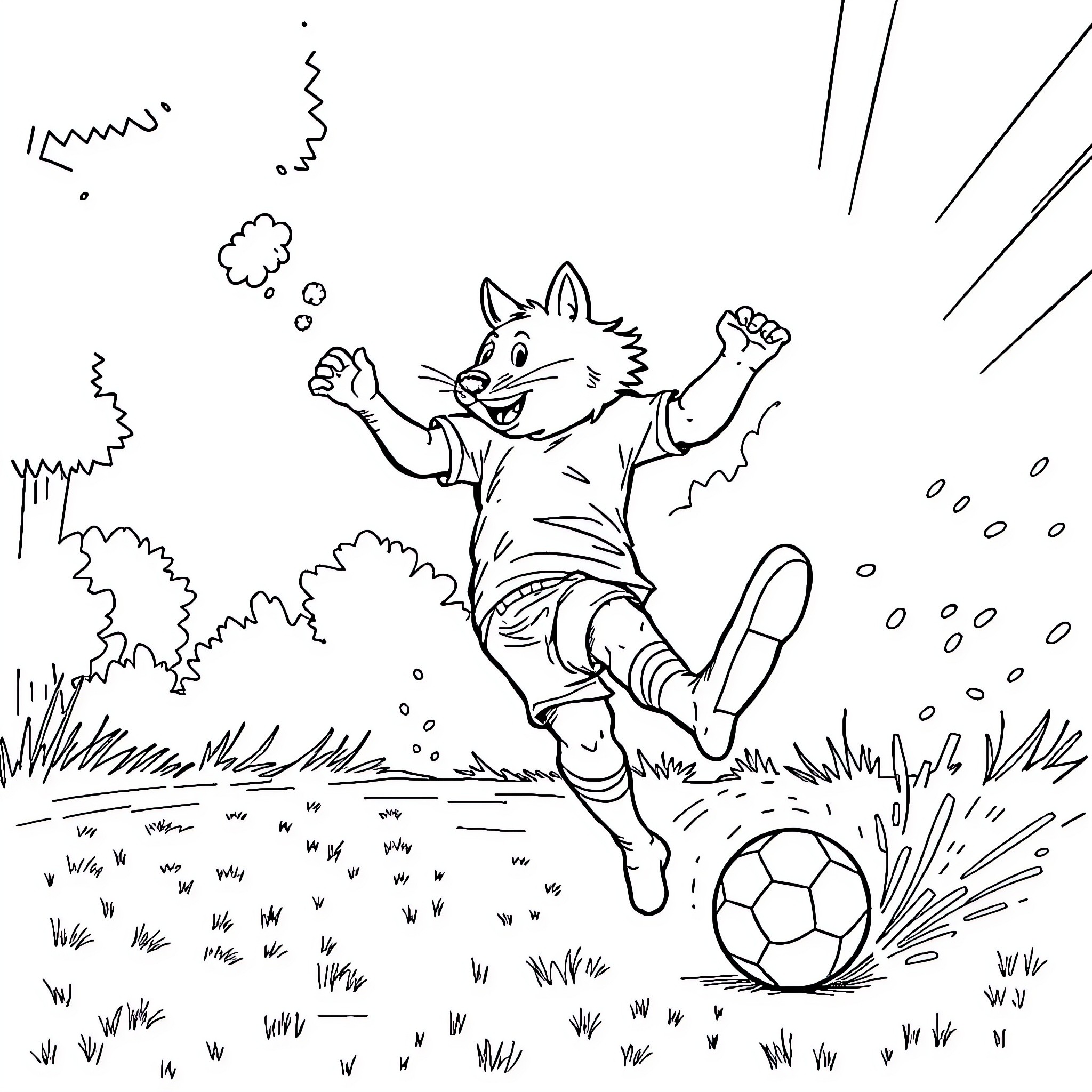 Balloon animal character kicking soccer ball in field Coloring Page (free black-and-white line drawing printable PDF for all, from beginners to advanced learners, including children, teens, adults, and seniors)
