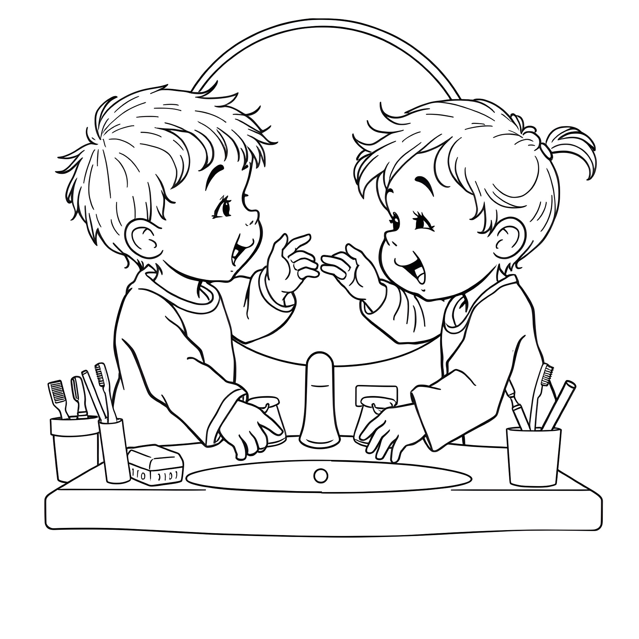 Children playing together at school desk Coloring Page (free black-and-white line drawing printable PDF for all, from beginners to advanced learners, including children, teens, adults, and seniors)